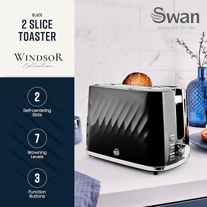 Swan Windsor Jug Kettle & 2 Slice Toaster Kitchen Set (Black)