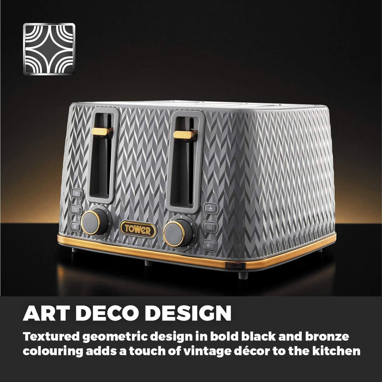 Grey toaster with chevron texture, two wide slots, gold dial and levers
