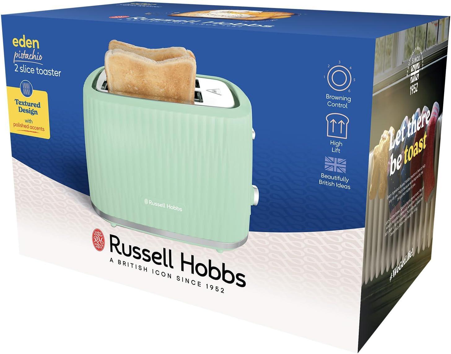 Mint green 2-slice toaster retail box with toaster pictured