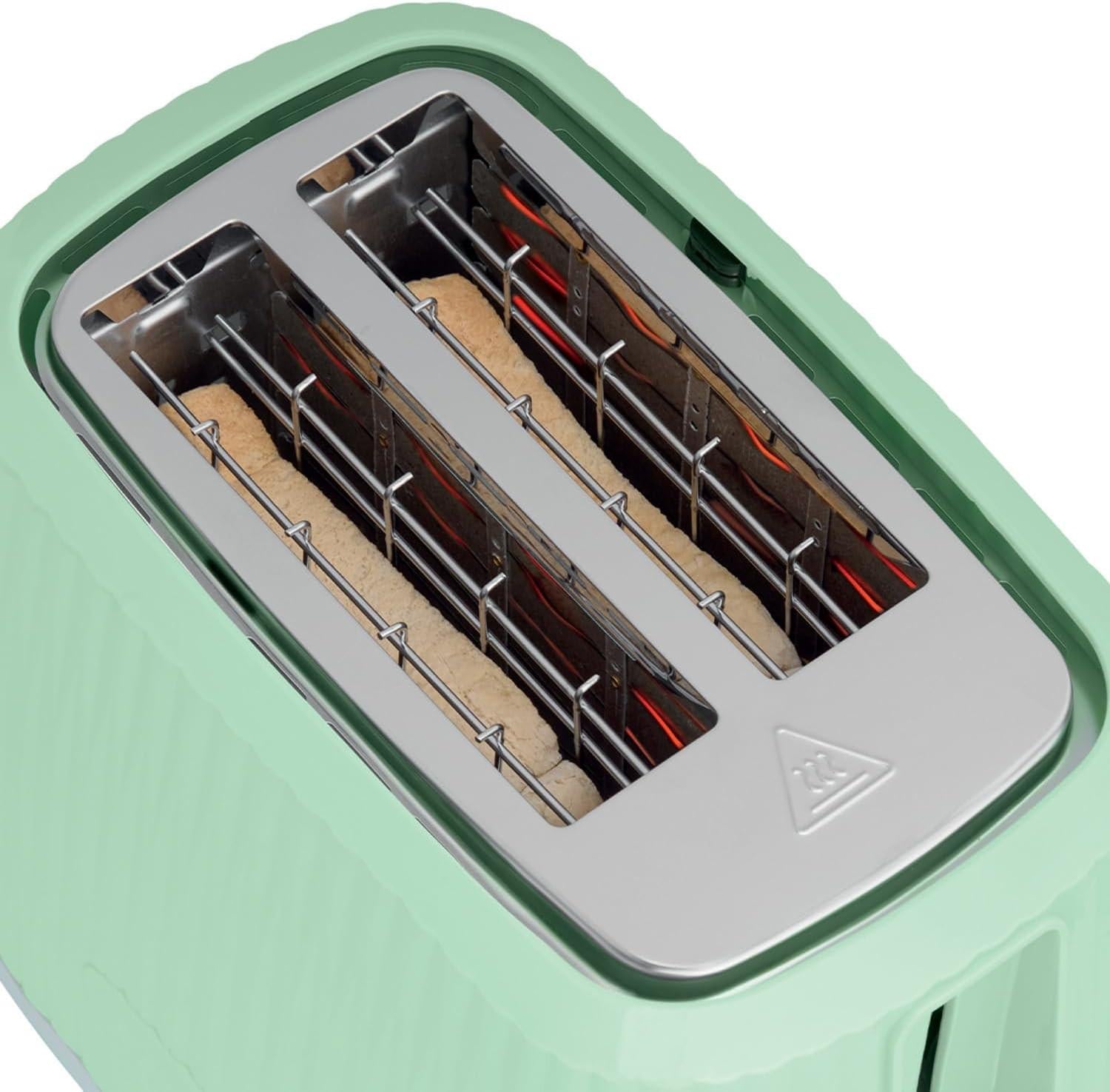 Mint green 2-slice toaster with both slots visible and heating elements inside