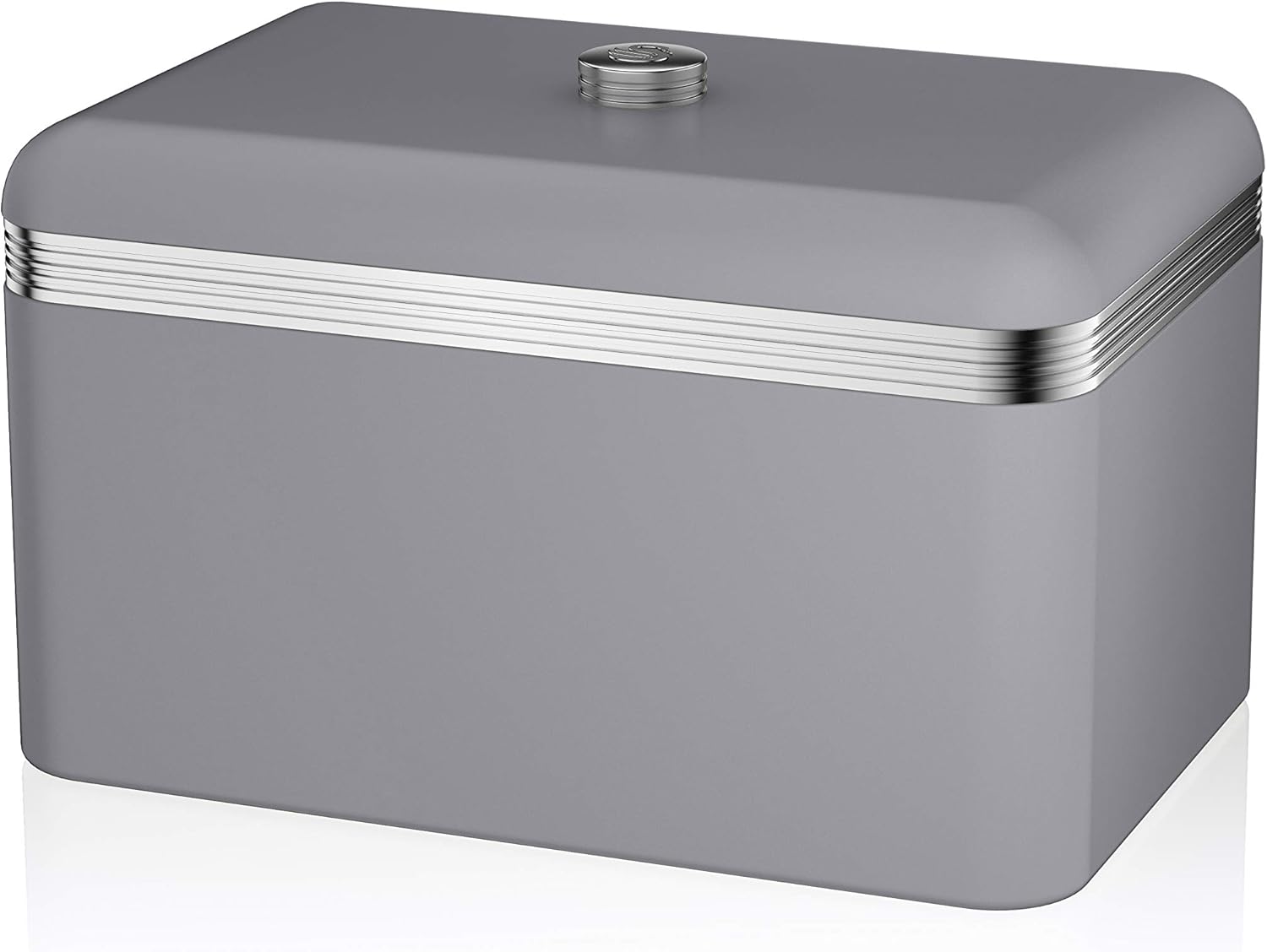 Grey rectangular bread bin with rounded lid and chrome trim