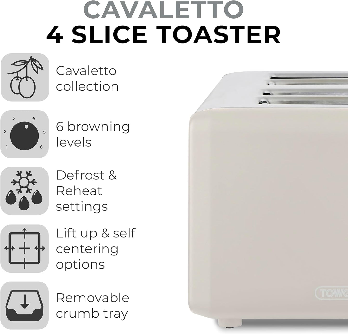 Tower Cavaletto 4 Slice Toaster Stainless Steel Latte T20051MSH