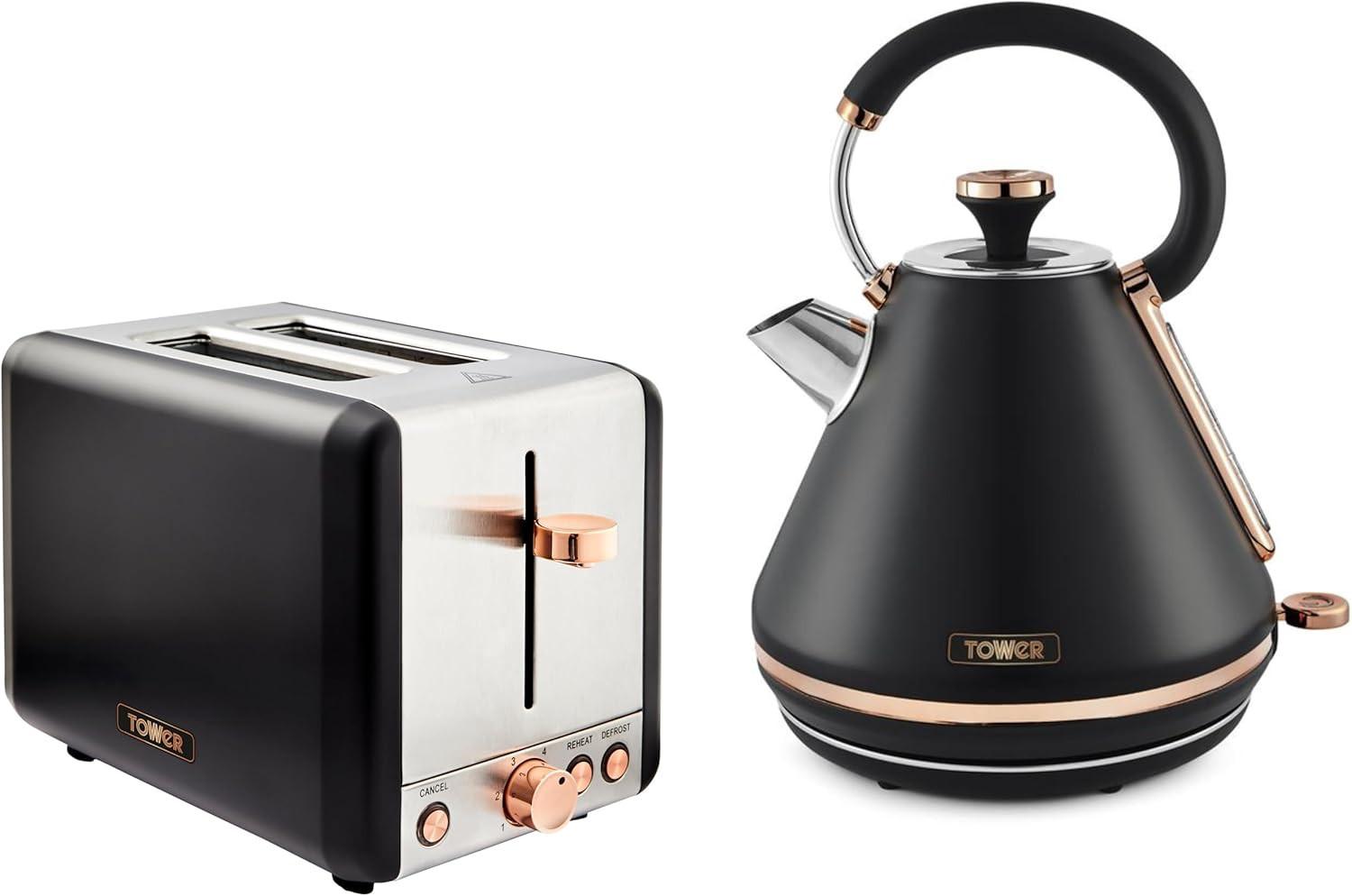 Tower Cavaletto Pyramid Kettle & 2 Slice Toaster Kitchen Set (Black) - Vibe Home