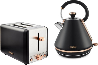Tower Cavaletto Pyramid Kettle & 2 Slice Toaster Kitchen Set (Black) - Vibe Home