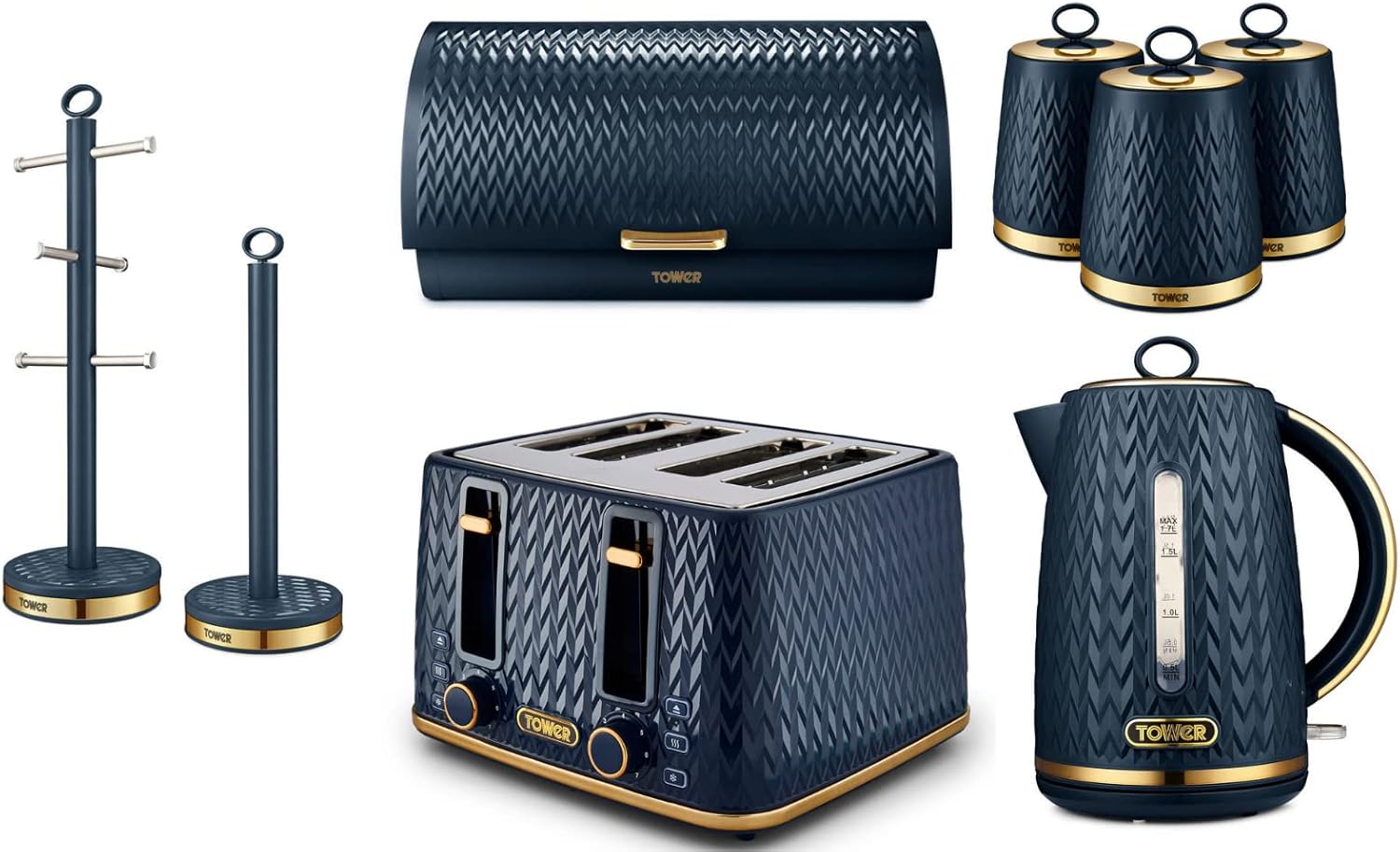 Tower Empire Kettle, 4 Slice Toaster, Bread Bin, Canisters, Mug Tree & Towel Pole (Midnight Blue)