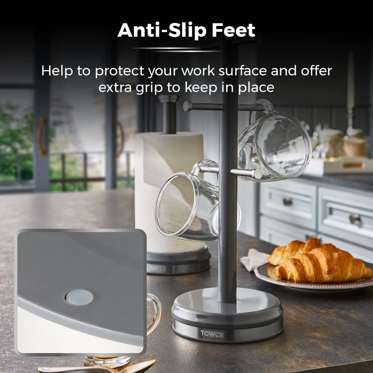 Graphite grey mug tree and towel pole set with weighted base and anti-slip feet