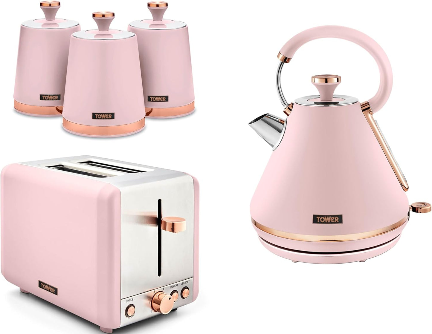 Tower Cavaletto Kettle, 2 Slice Toaster & Canisters Kitchen Set (Marshmallow Pink)