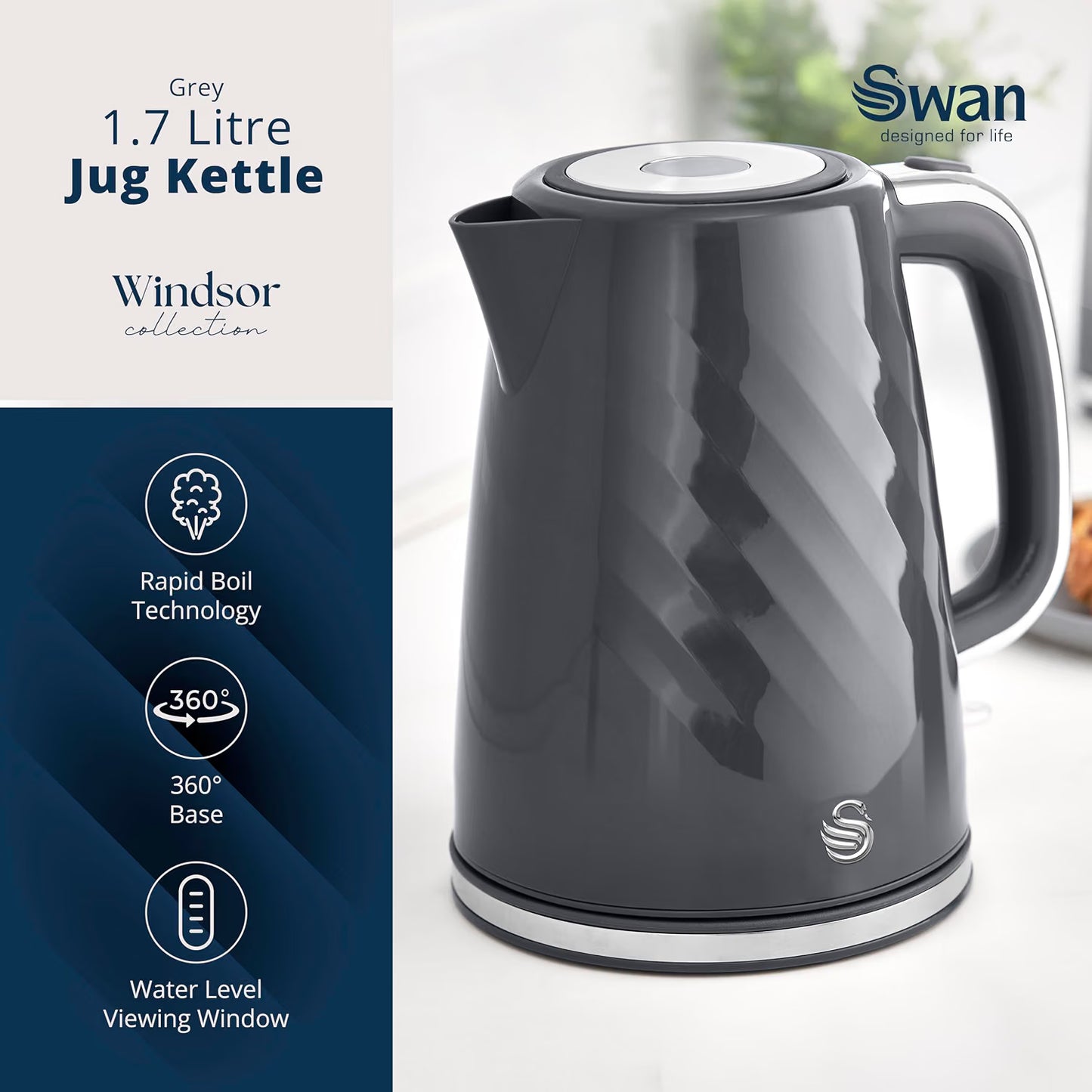 Swan Windsor Kettle, 2 Slice Toaster & Microwave Kitchen Set (Grey)