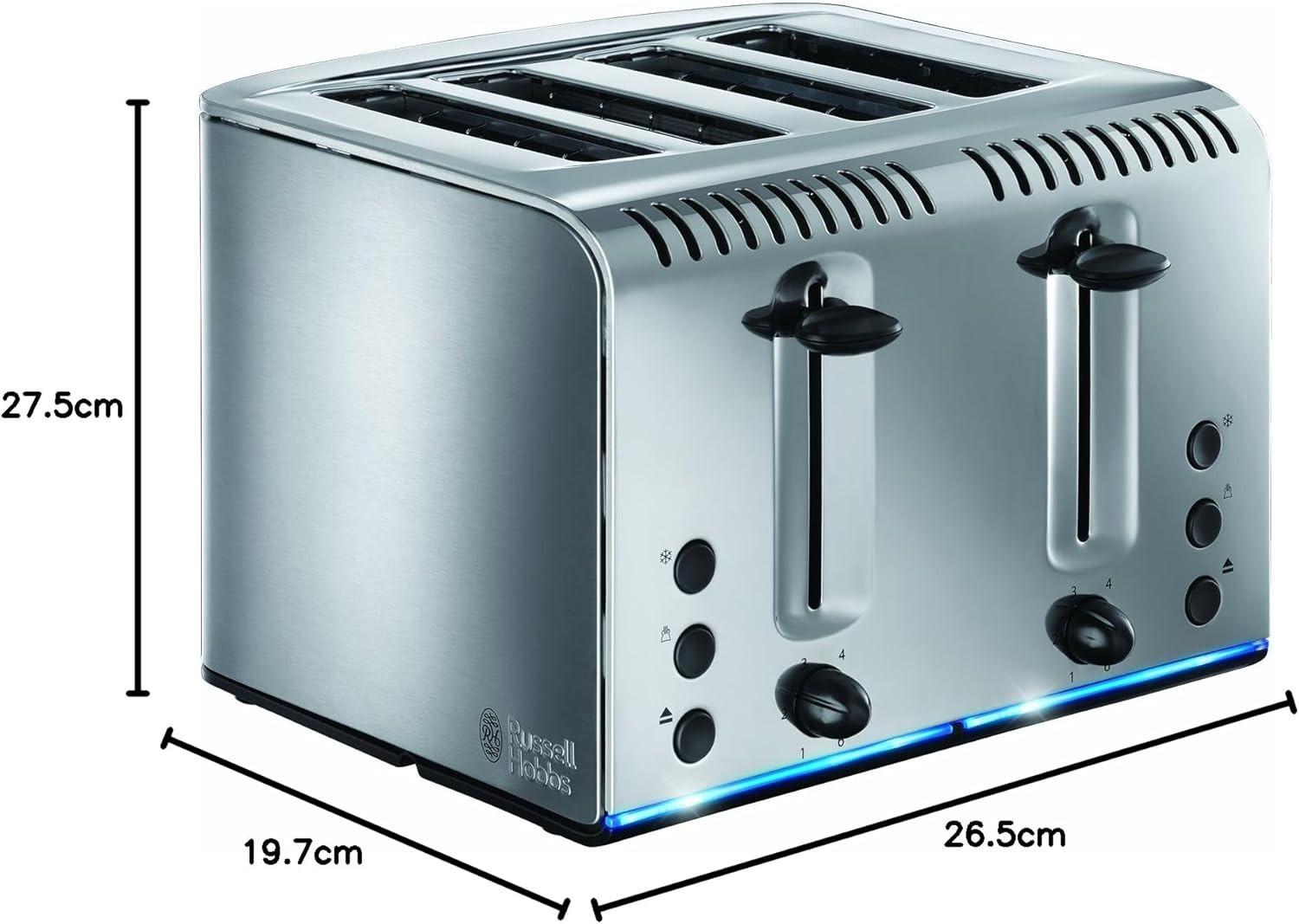 Stainless steel 4-slice toaster with black knobs and blue light strip
