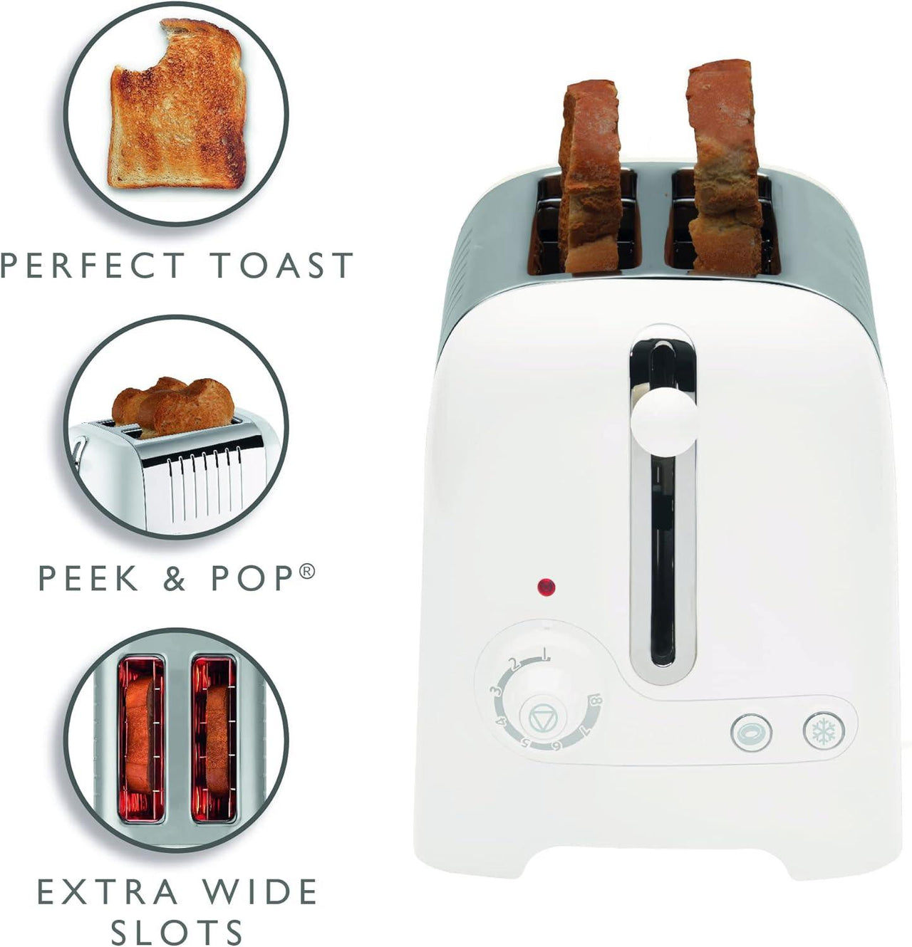 White Dualit Lite toaster with two toast slices in slots, front and top view
