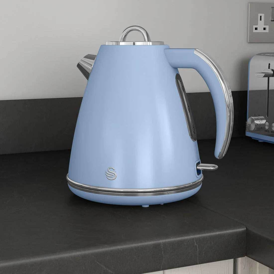 Swan Blue Kitchen Set - Kettle, 2 Slice Toaster, Bread Bin, Canisters, Towel Pole