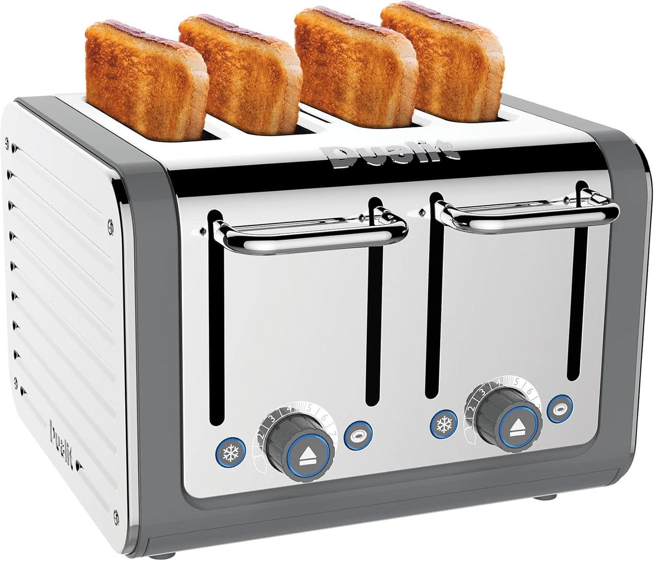Grey Dualit 4-slice toaster with chrome lever handles and control dials
