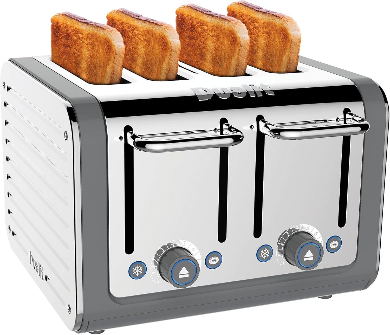 Grey Dualit 4-slice toaster with chrome lever handles and control dials