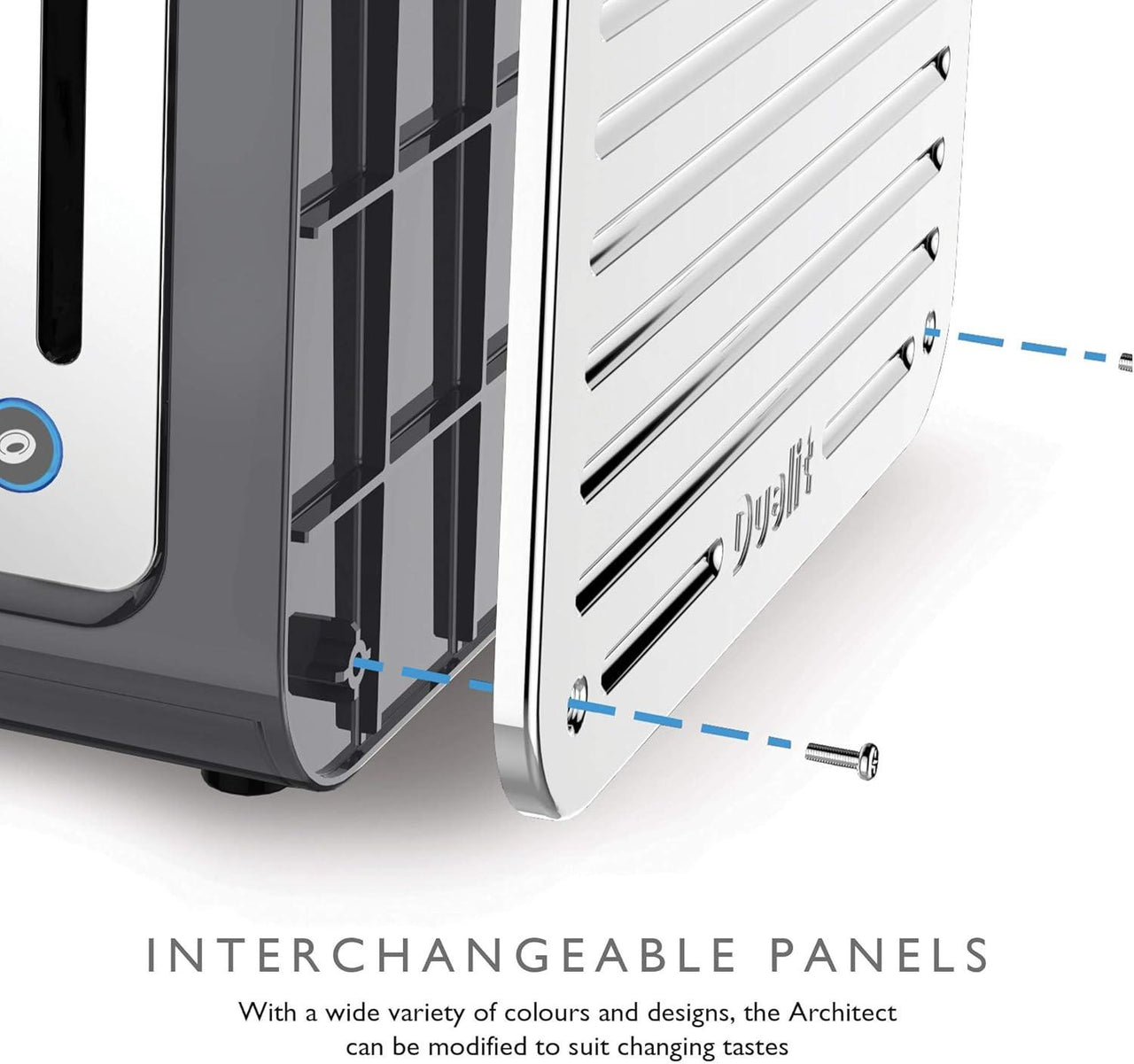 Grey Dualit toaster side view with interchangeable panel and mounting screws