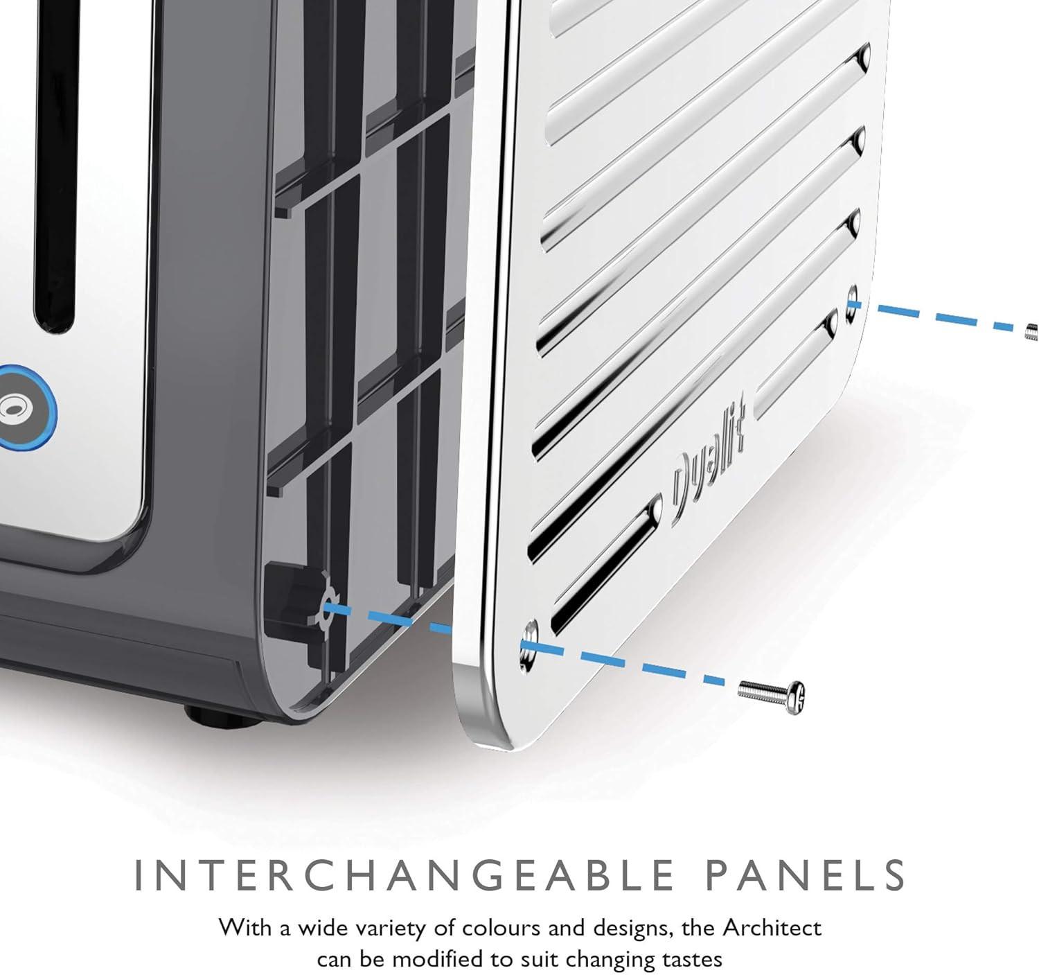 Grey Dualit toaster side view with interchangeable panel and mounting screws