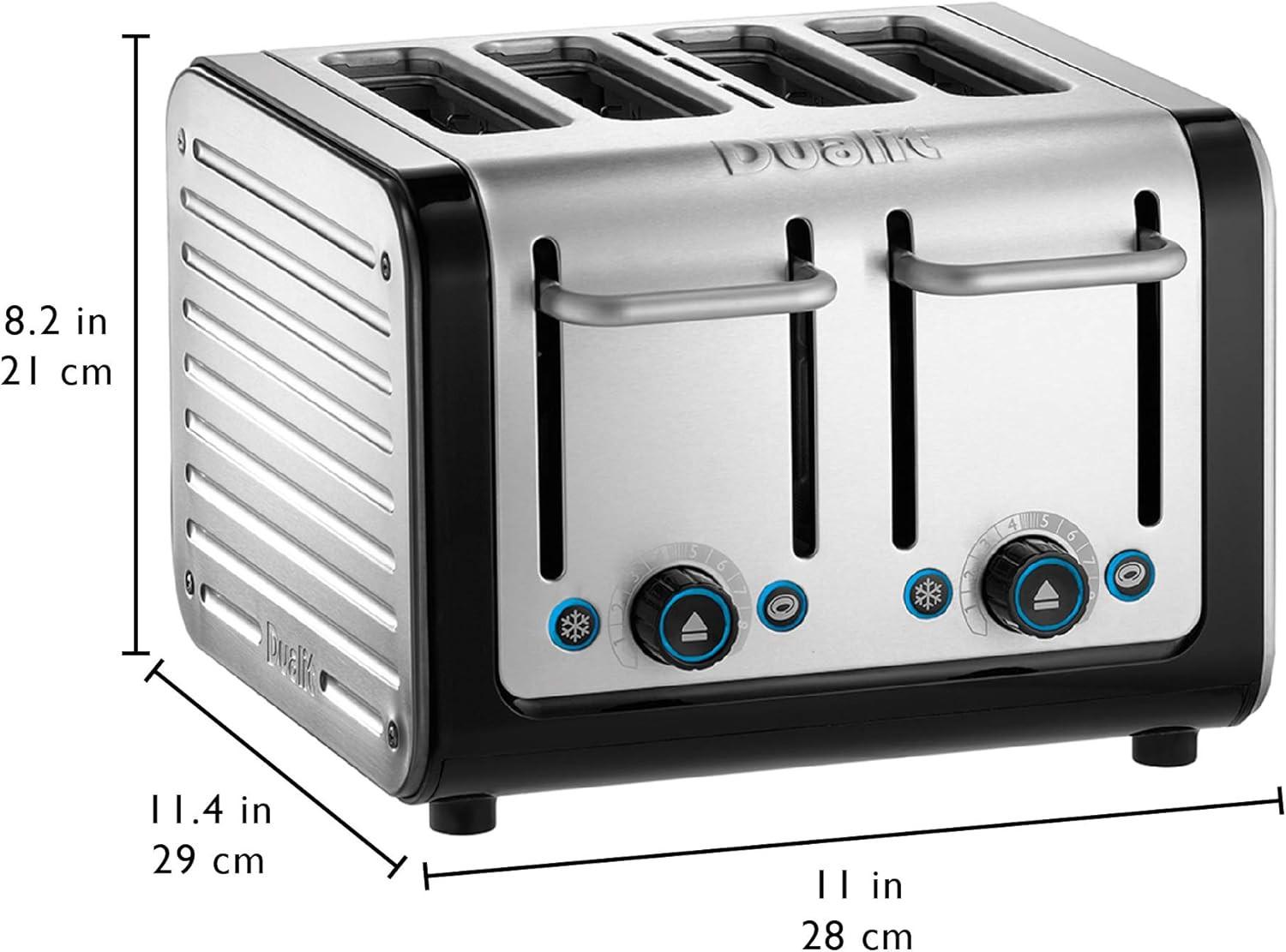 4-slice toaster in stainless steel with black base; side view with blue control dials