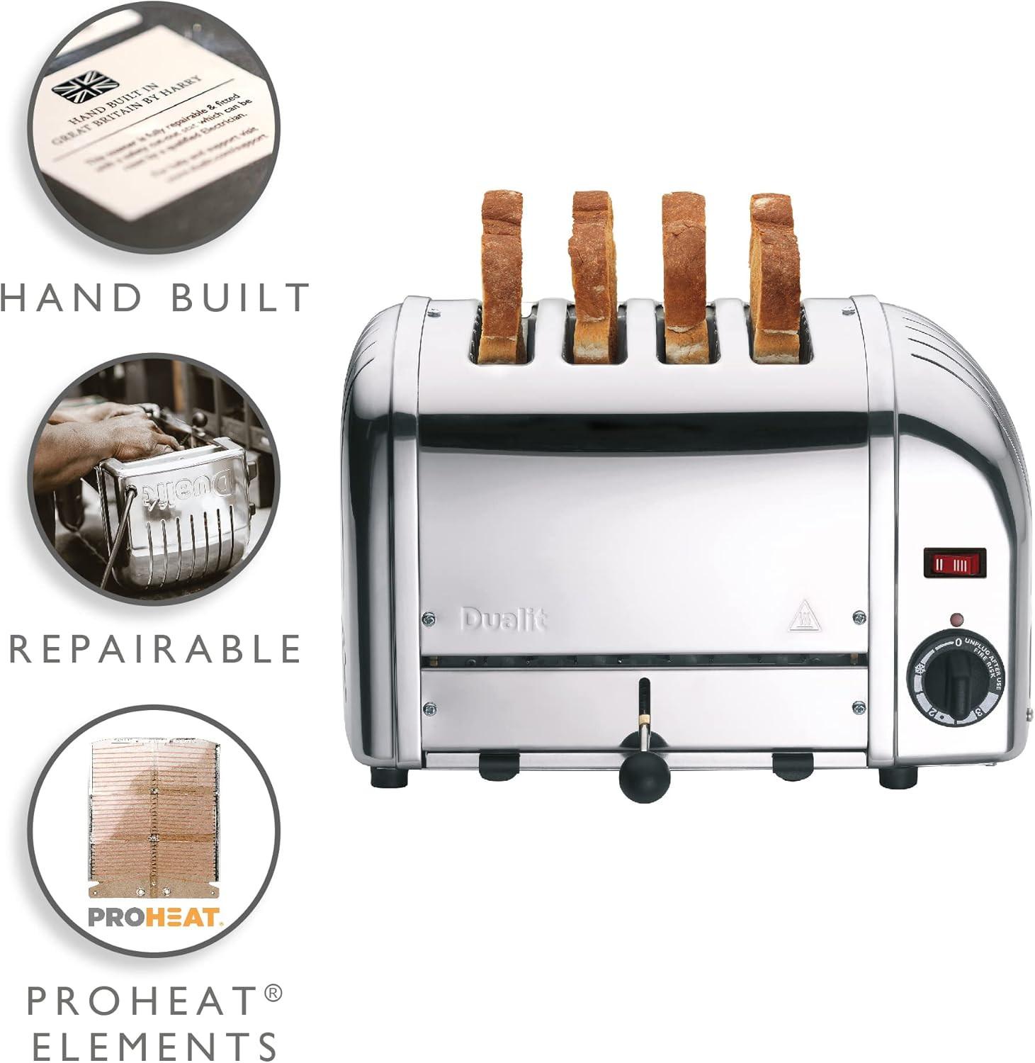 Stainless steel 4-slice toaster with top slots and circular proheat elements badges