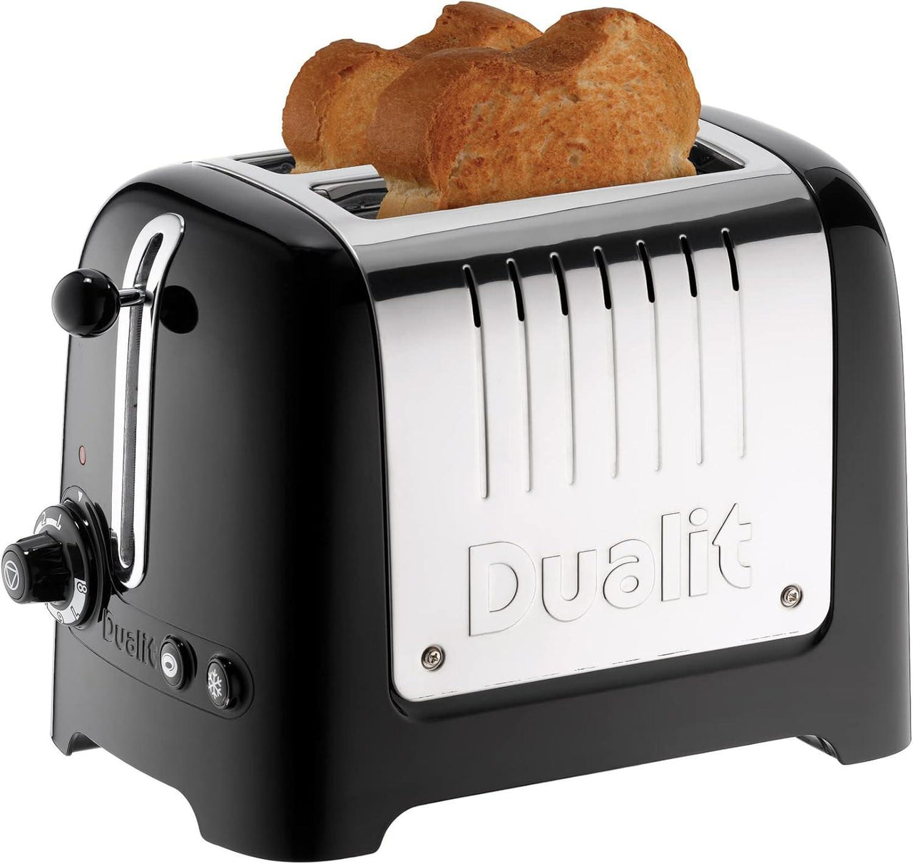 Black 2-slice toaster with wide slots and stainless front panel, chrome lever details