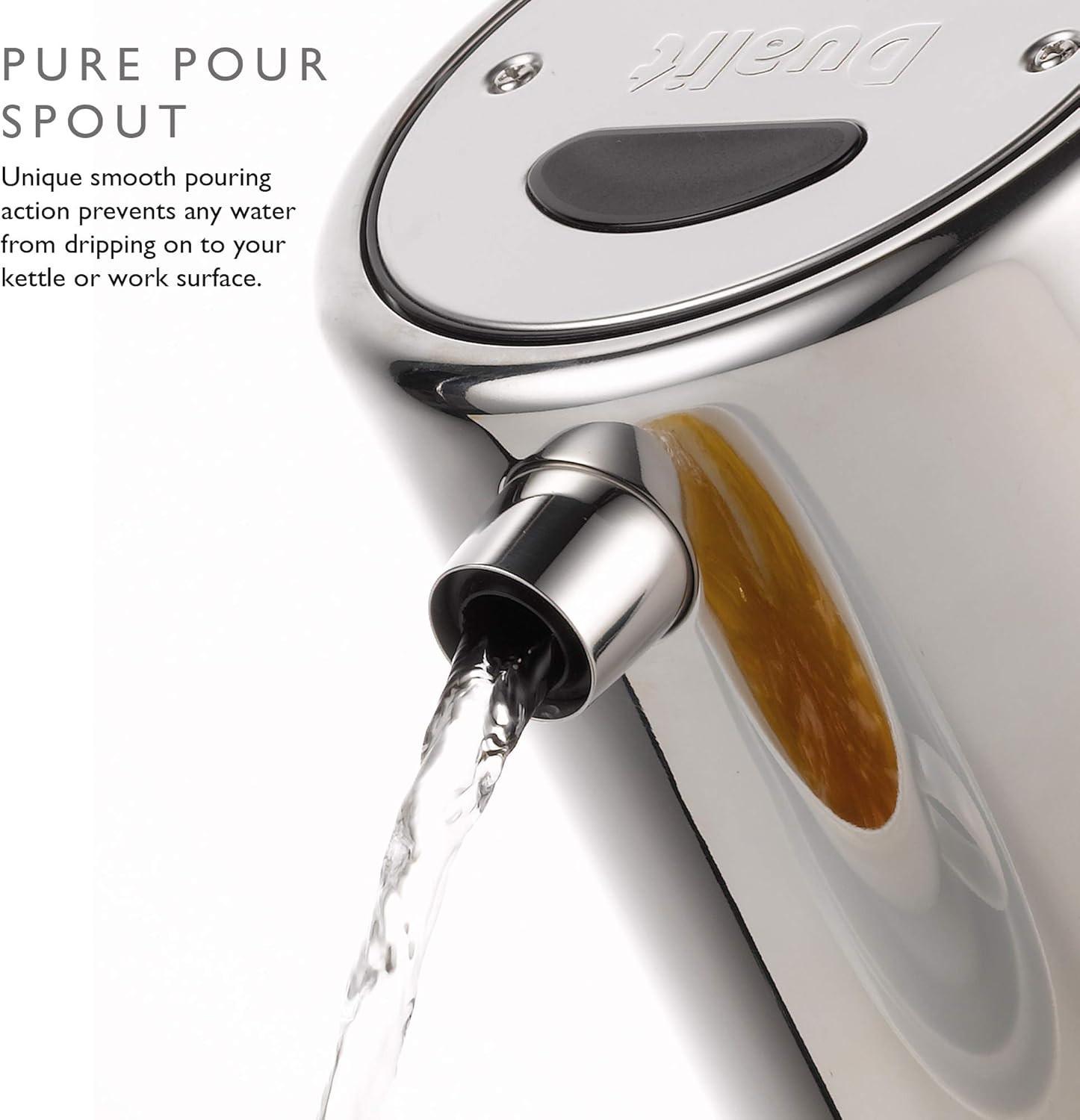 Stainless steel kettle pouring from spout with amber insert and clear stream