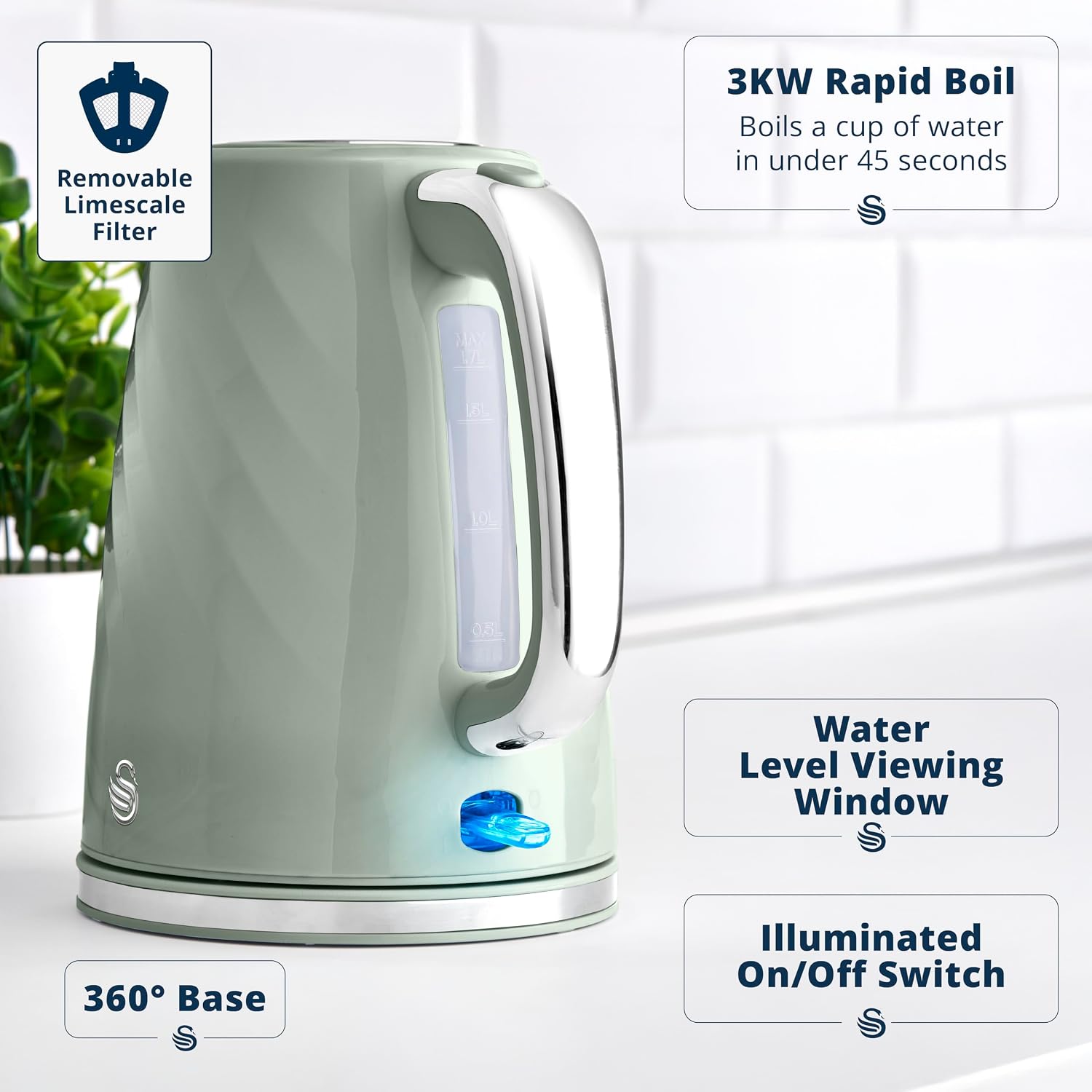 Swan Windsor Breakfast Essentials Bundle Kettle and Toaster Sage EEJB429
