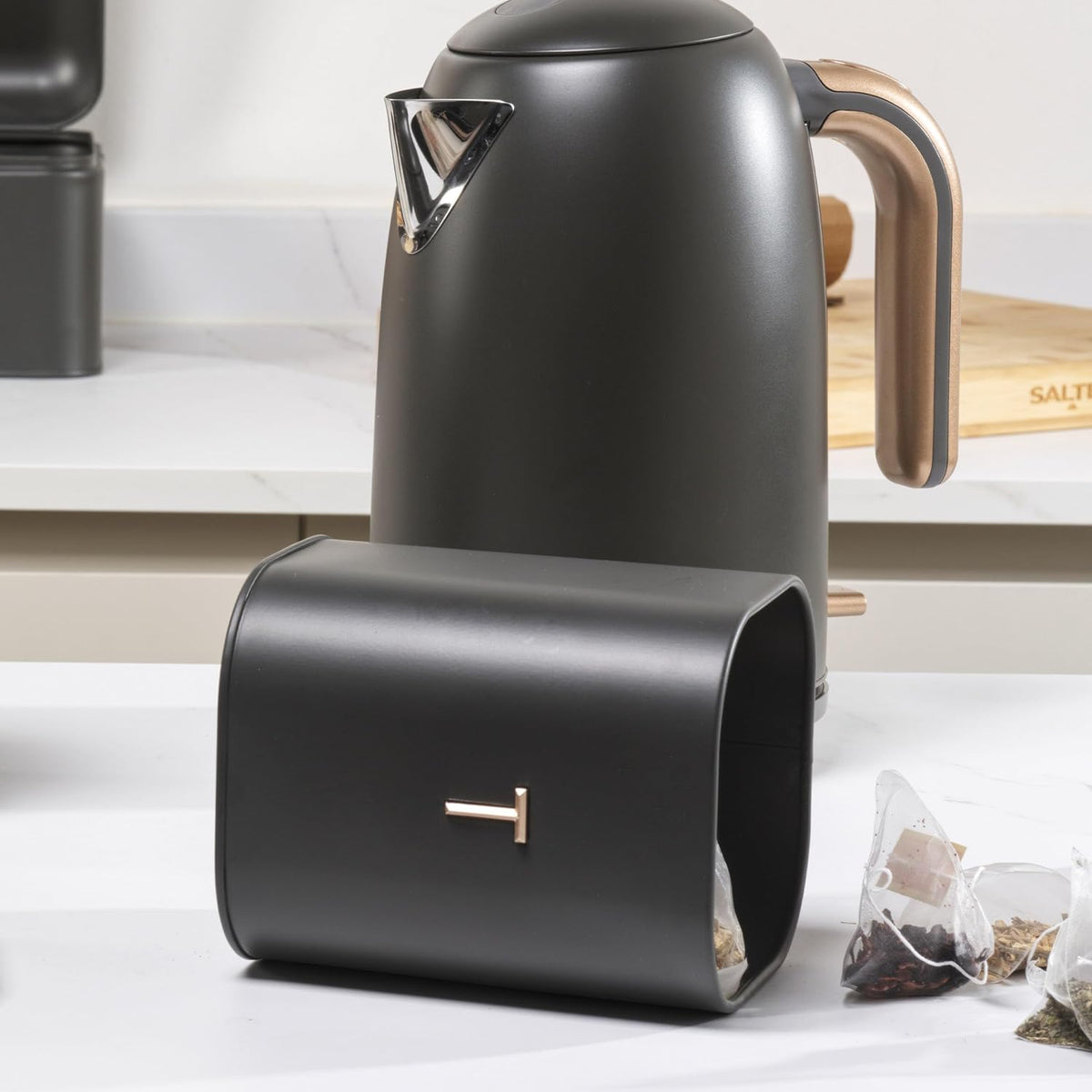 Salter Salter Pebble Bread Bin & Tea, Coffee, Sugar Canisters Storage Set (Charcoal)