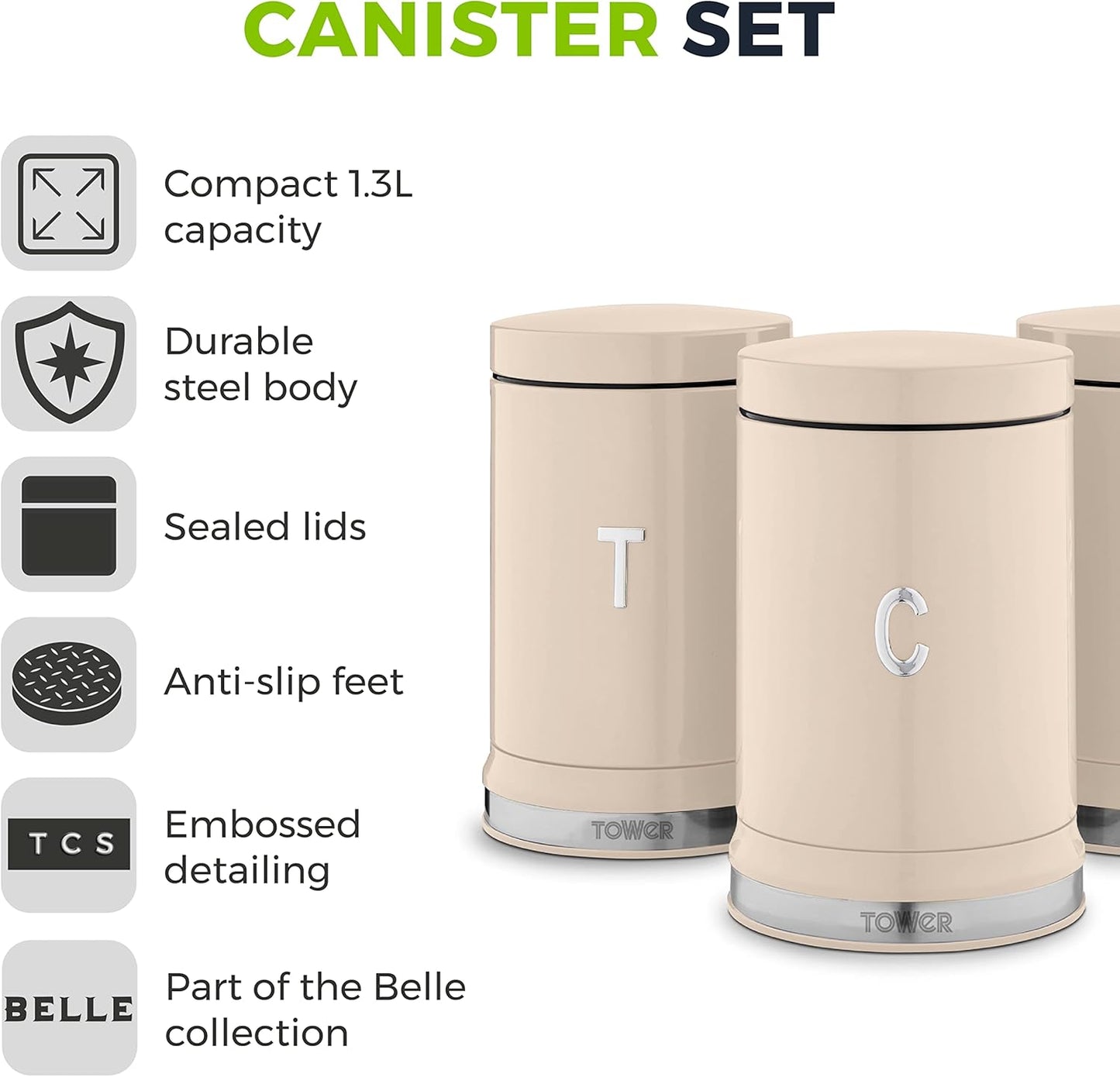 Tower Belle Canisters & Bread Bin Kitchen Set (Chantilly Cream)