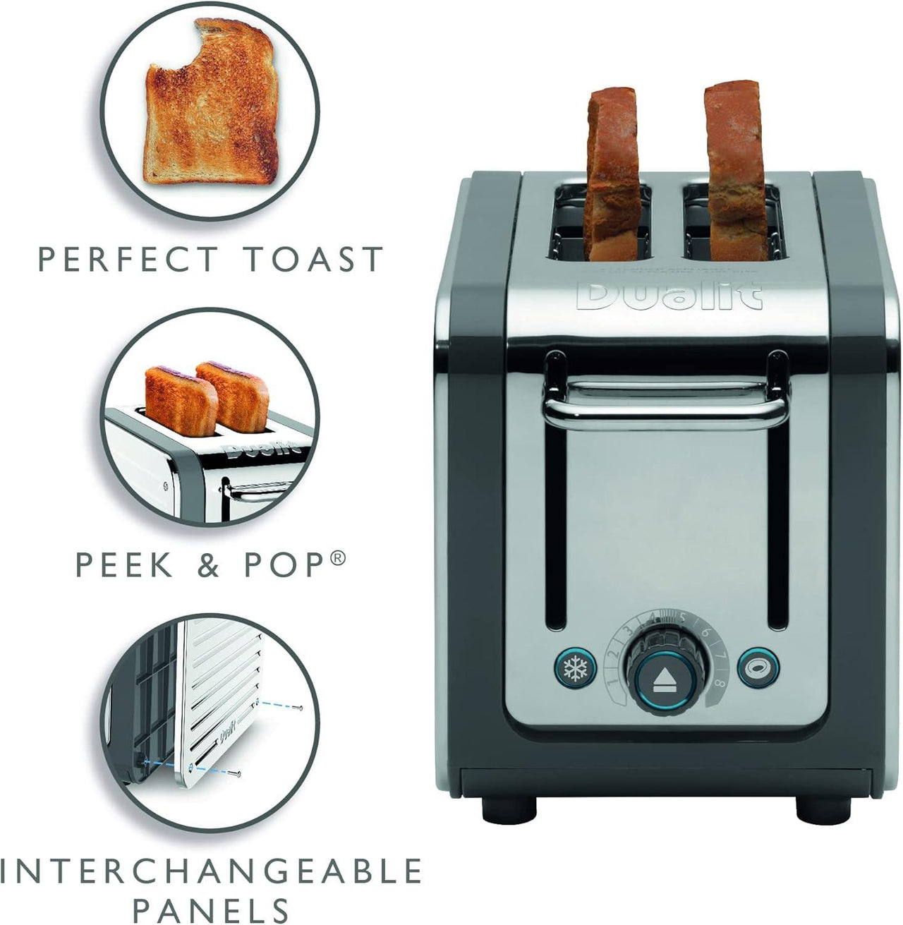 Grey Dualit Architect 2-slice toaster with raised lever and slot viewing window