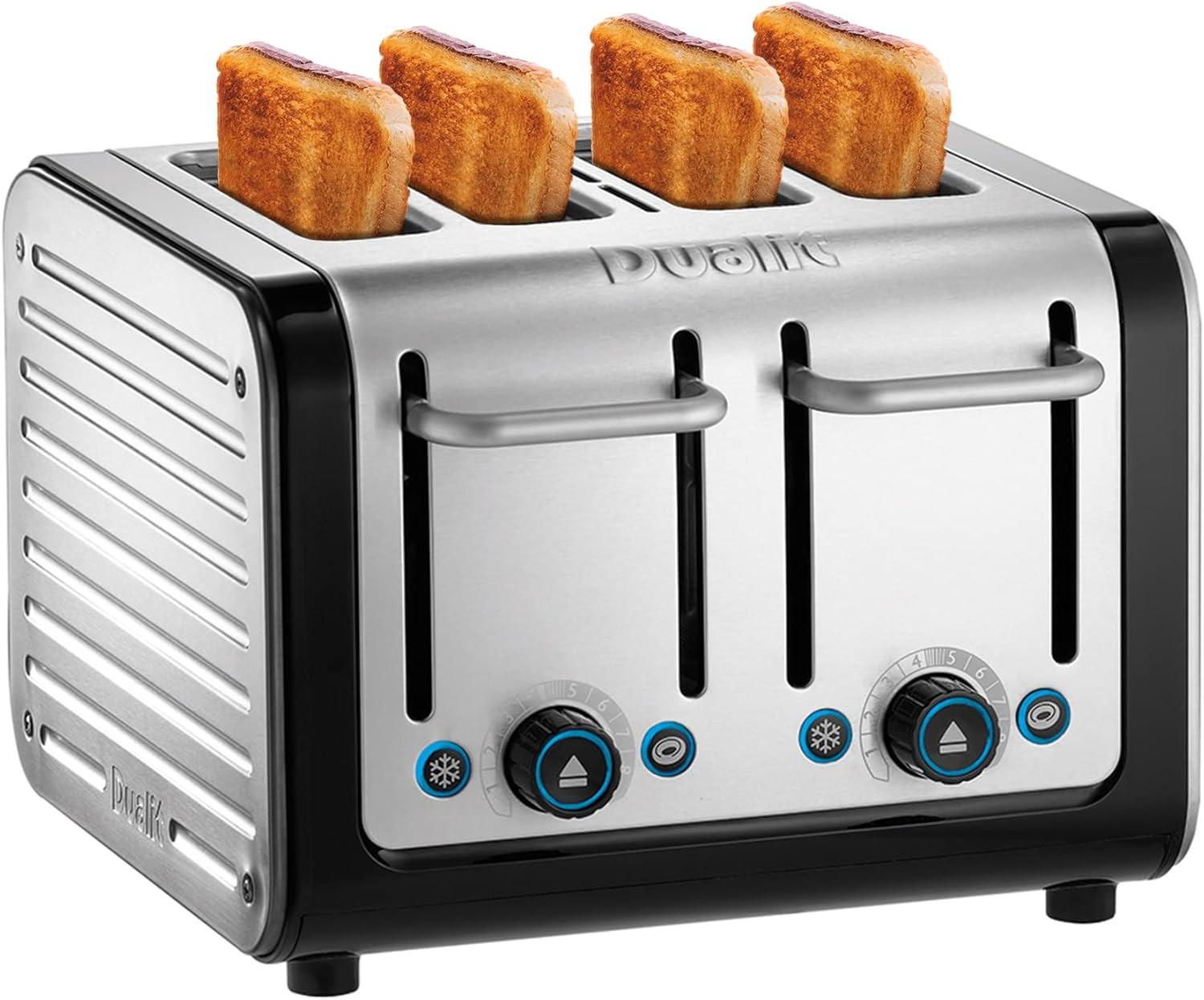 4-slice toaster, stainless steel with black ends; four bread slices shown in slots