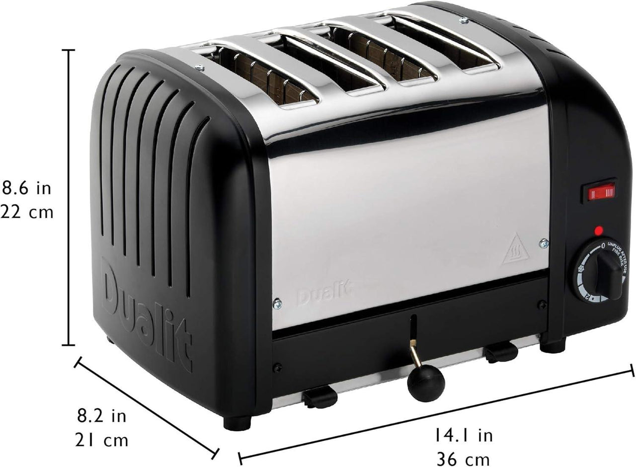 Stainless steel Dualit 4-slice toaster with matte black end panels and side view