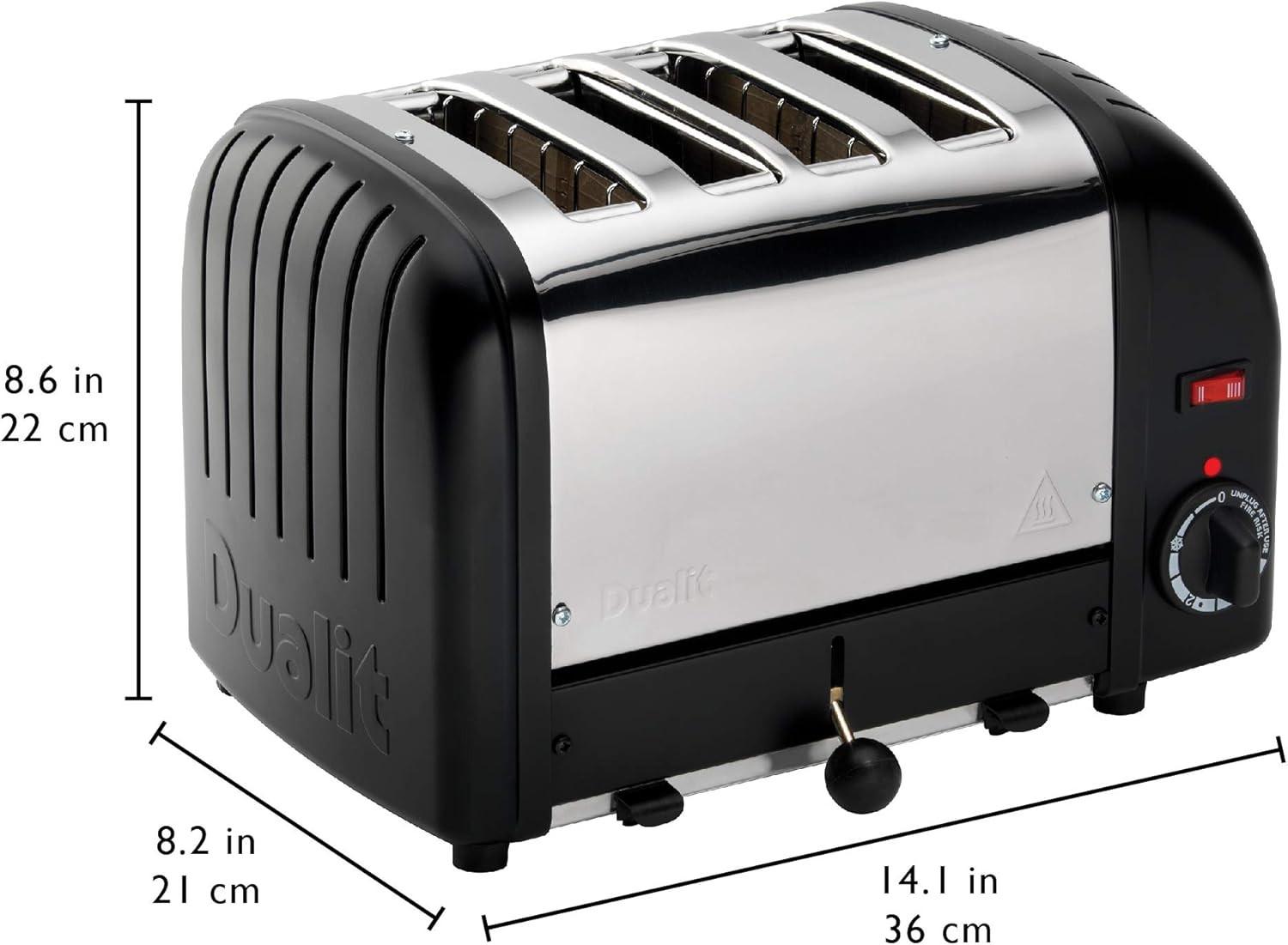 Stainless steel Dualit 4-slice toaster with matte black end panels and side view