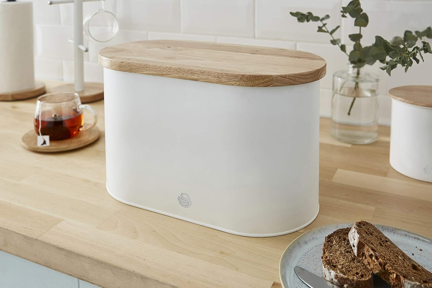 Swan Nordic Scandi White Bread Bin with Cutting Board Lid