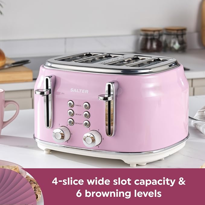 Salter Salter Retro Kettle, 4 Slice Toaster & Canisters Kitchen Set (Pink)