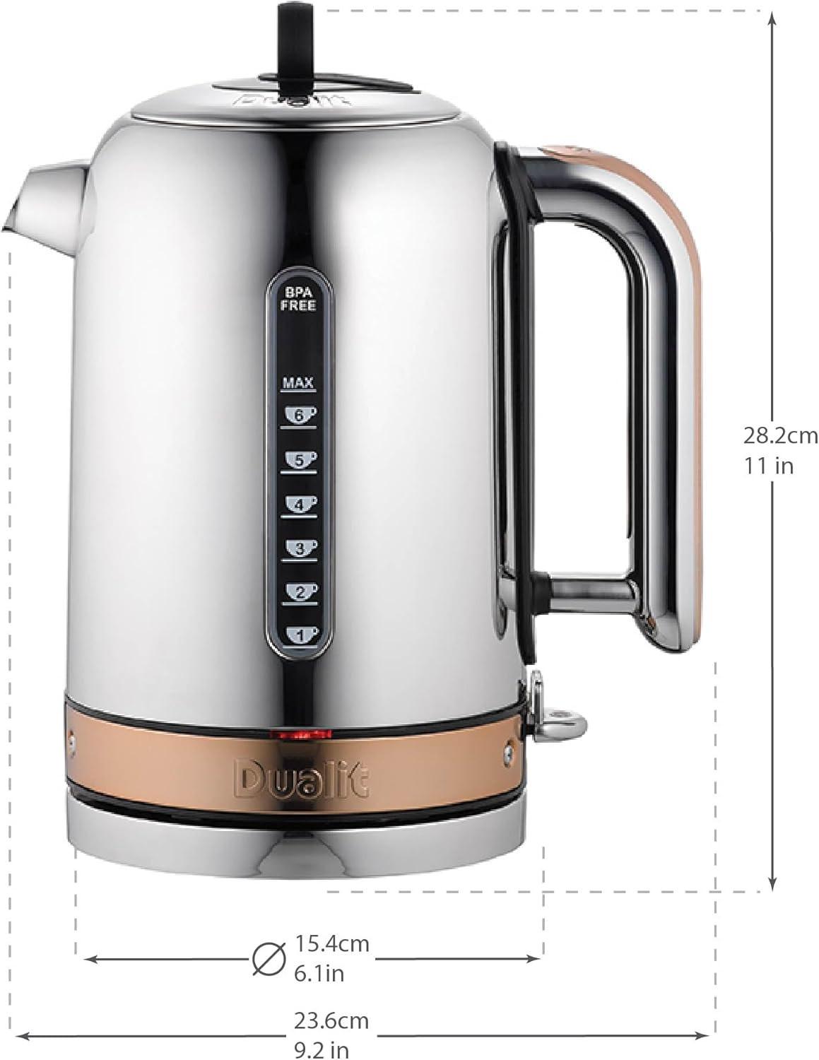 Stainless steel kettle with copper trim, showing handle and overall dimensions