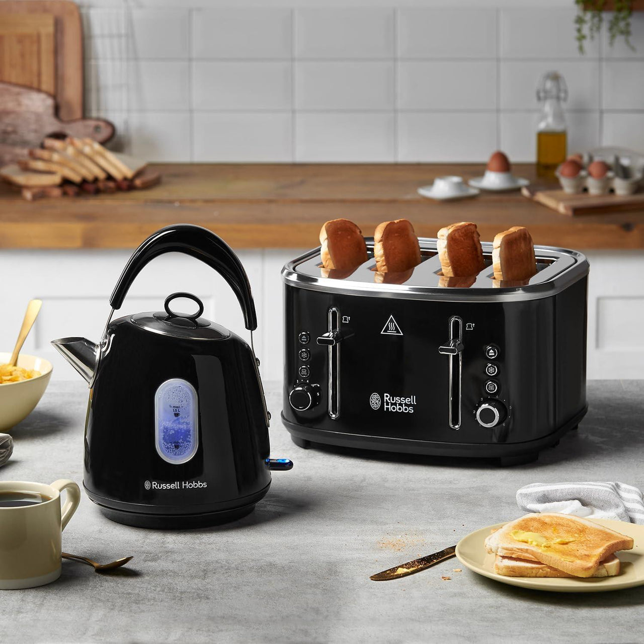 Russell Hobbs Stylevia black pyramid kettle with blue water-window indicator