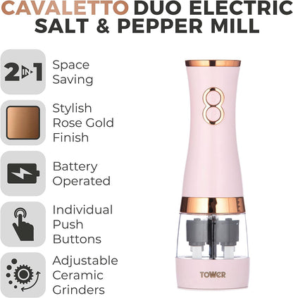 Tower T847004PNK Electric Salt and Pepper Mills, Battery Operated with Adjustable Ceramic Grinders, Pink and Rose Gold