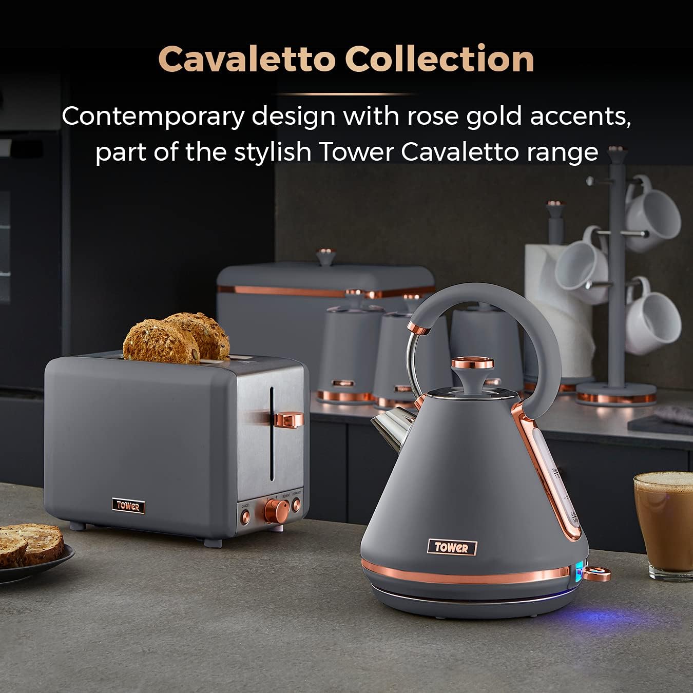 Tower Cavaletto Kettle, 2 Slice Toaster & Canisters Kitchen Set (Grey)