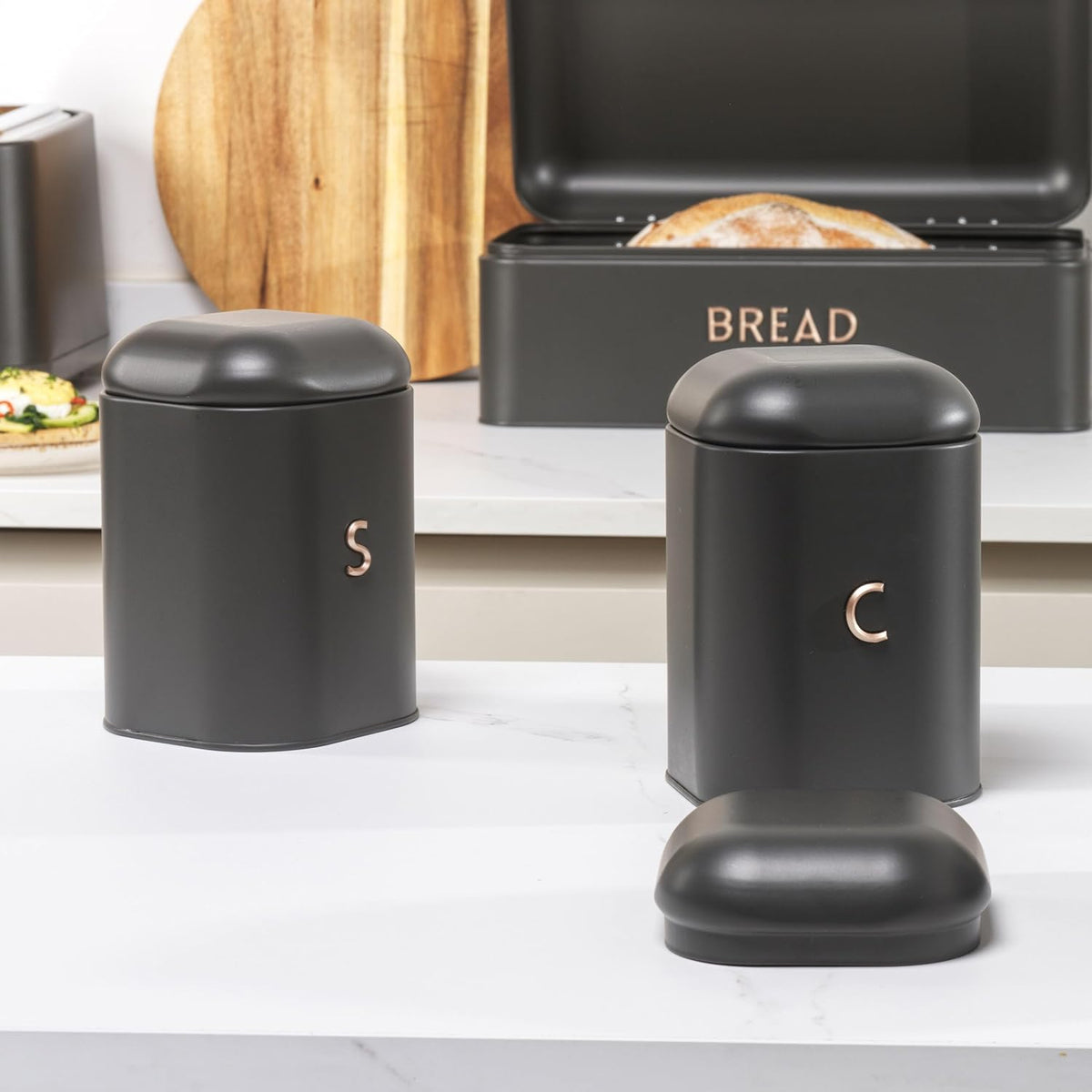 Salter Salter Pebble Bread Bin & Tea, Coffee, Sugar Canisters Storage Set (Charcoal)