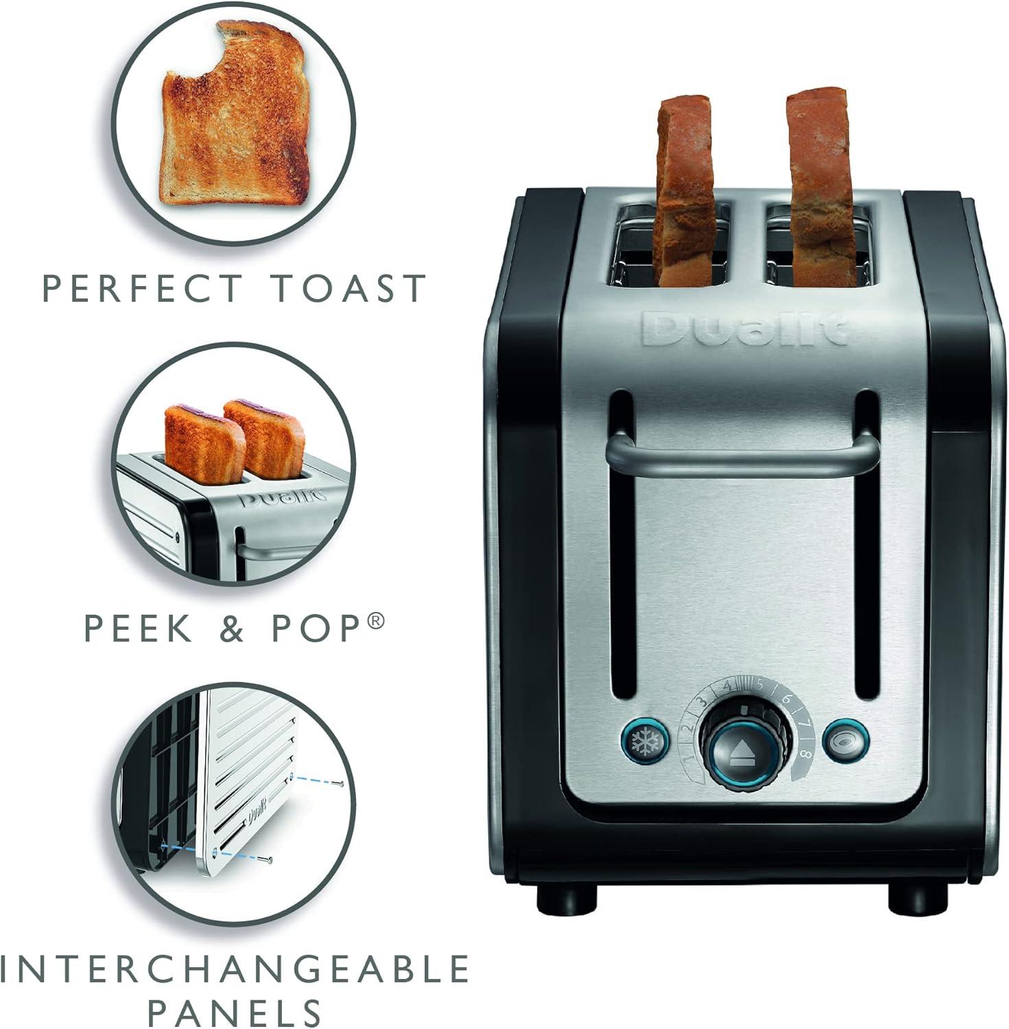 Black 2-slice toaster with wide slots and front lever, showing toasted bread.