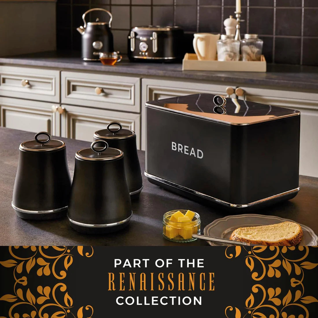 Tower Renaissance Bread Bin & Canisters Kitchen Set (Black)