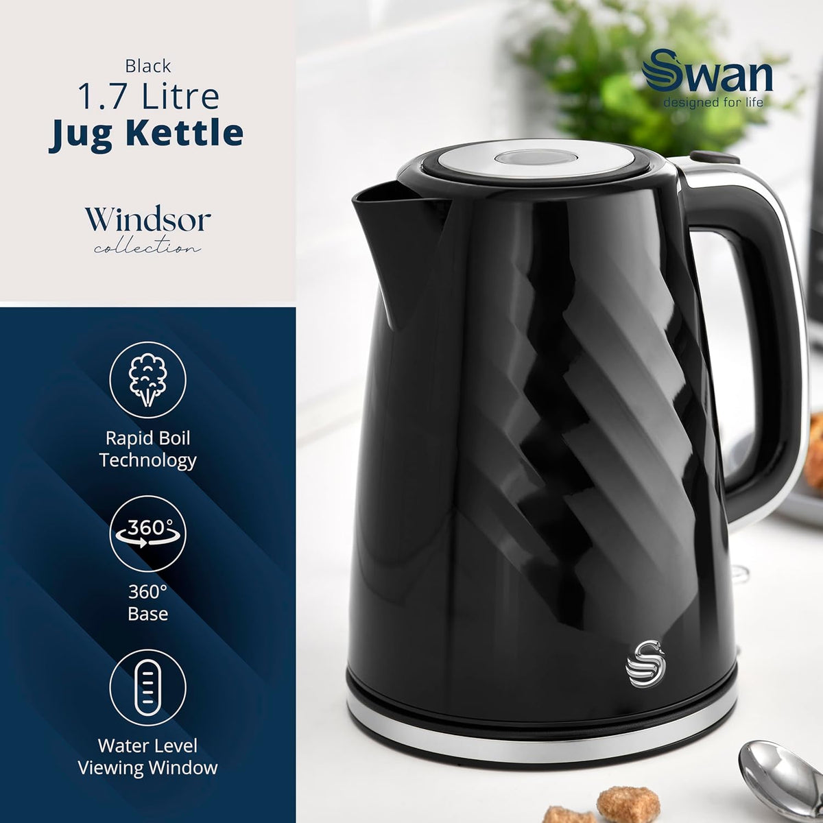 Swan Windsor Kettle, 2 Slice Toaster & Microwave Kitchen Set (Black)