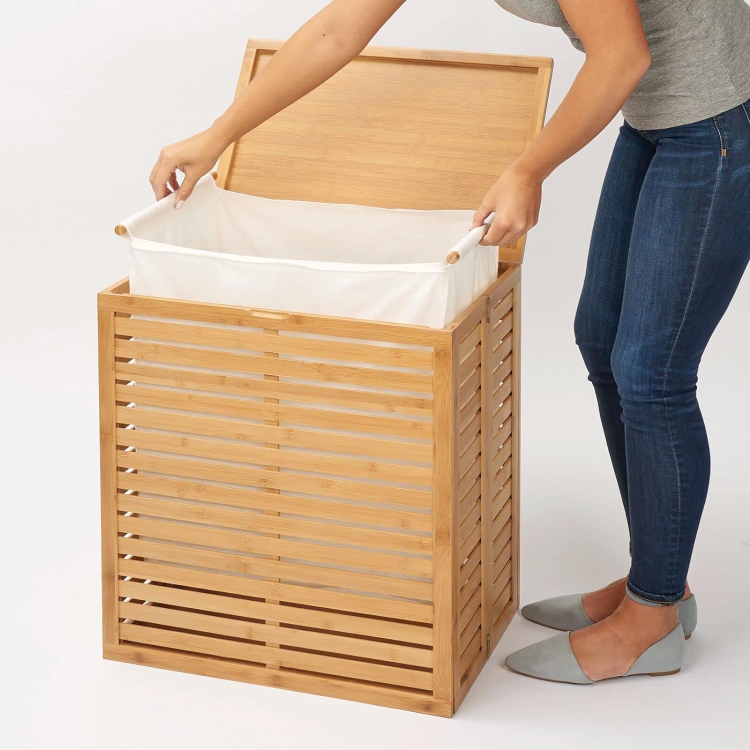 mDesign Laundry Basket Foldable Clothes Storage Natural BamboomDesign Wooden Laundry Basket with Lid for Washing Bamboo