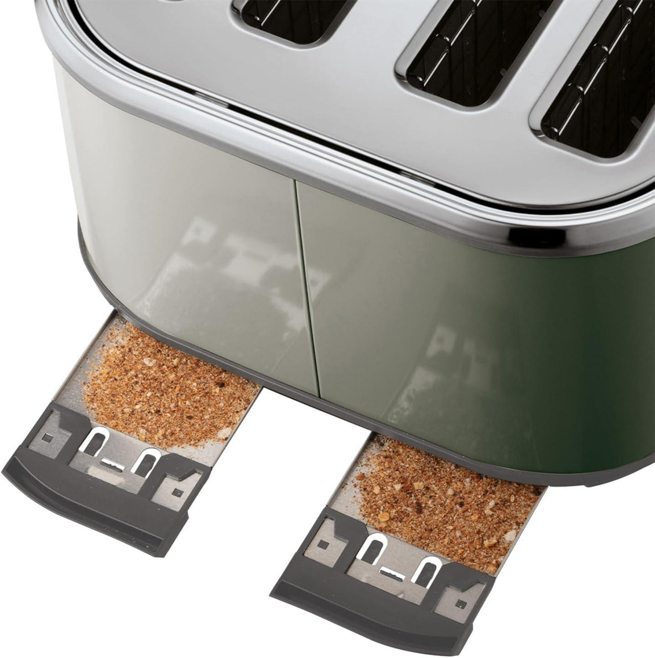 Mocha toaster crumb tray removed, showing bread crumbs