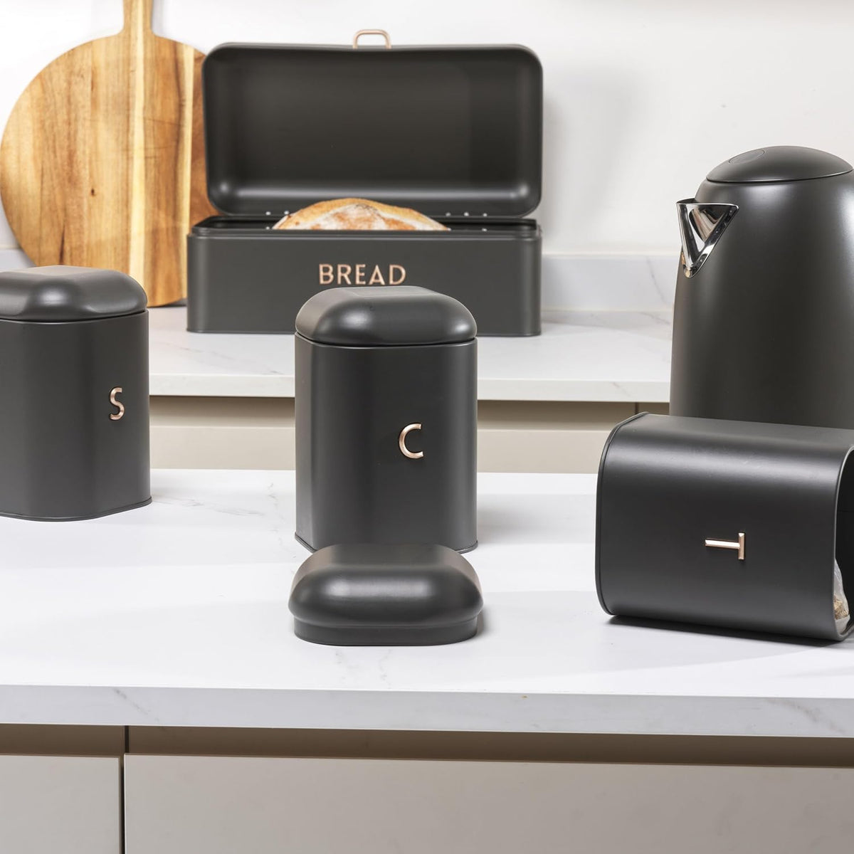 Salter Salter Pebble Bread Bin & Tea, Coffee, Sugar Canisters Storage Set (Charcoal)