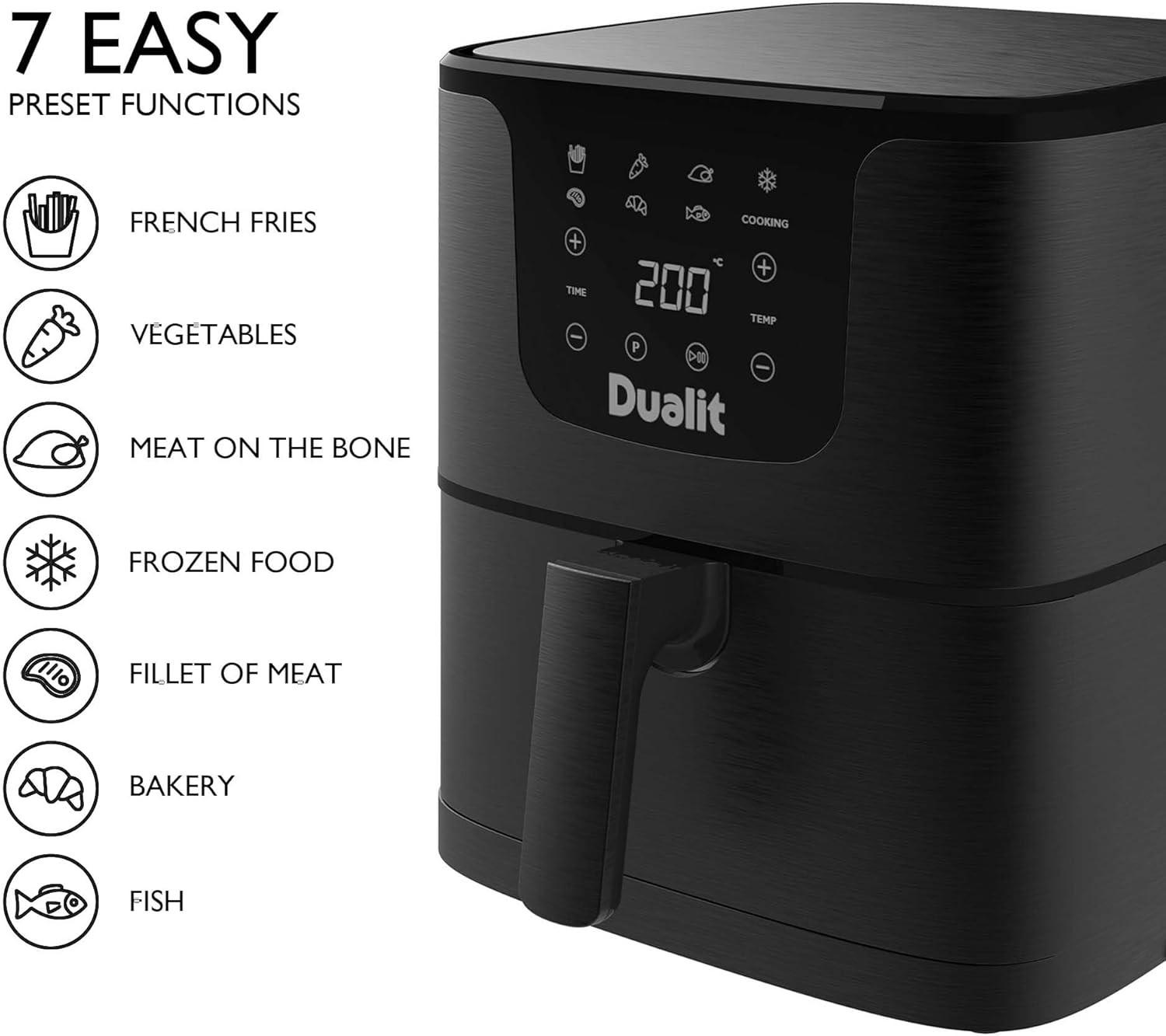 Black Dualit air fryer with control panel and pull-out basket handle.