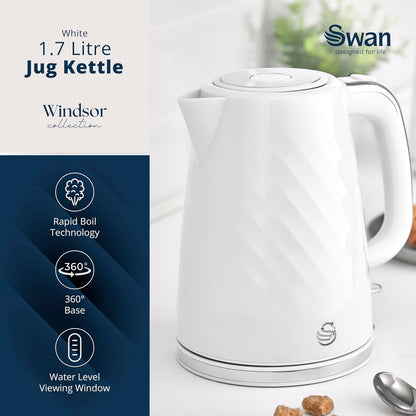 Swan Windsor Kettle, 2 Slice Toaster & Microwave Kitchen Set (White)