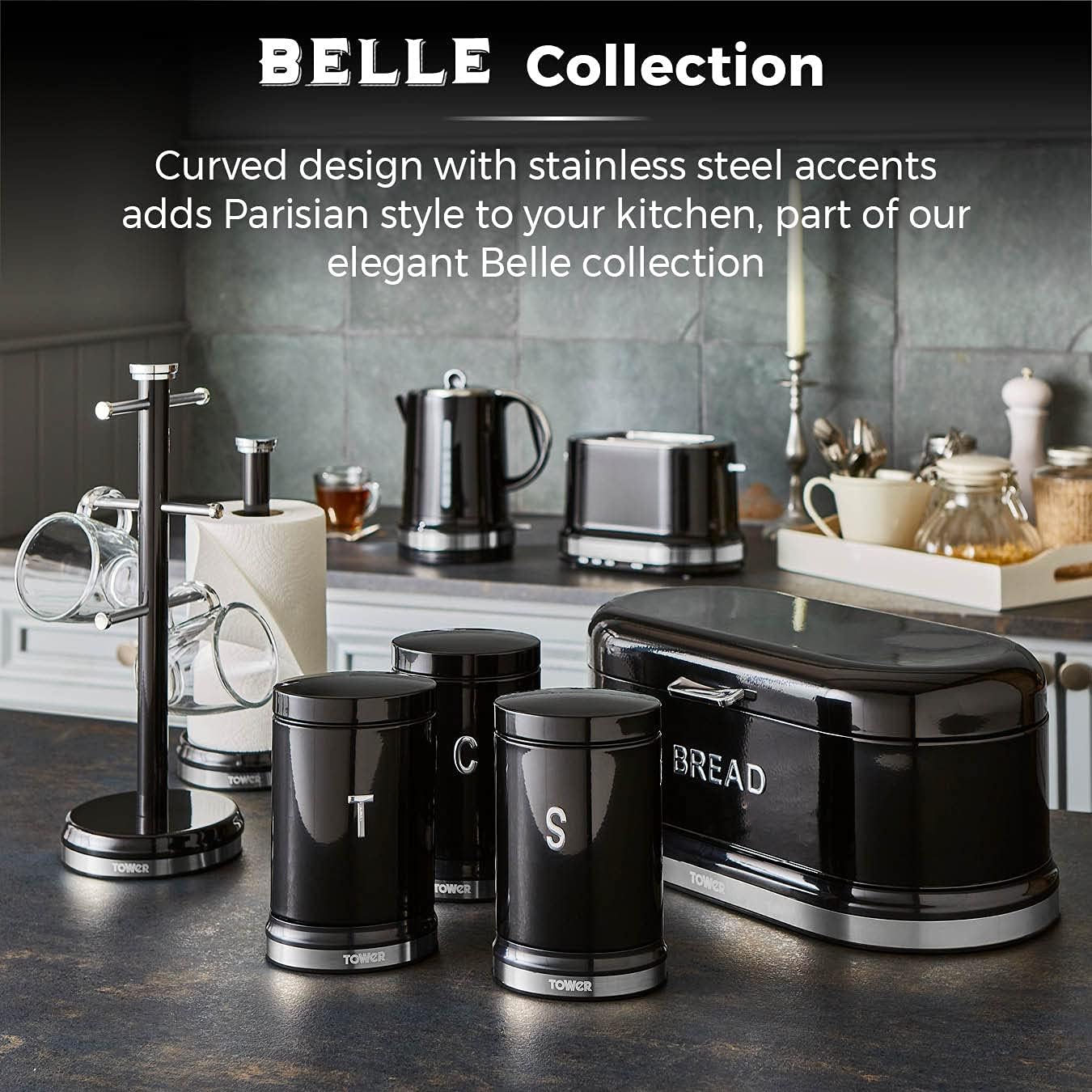 Tower Belle Noir Black Kettle, Toaster, Bread Bin Canisters Towel Pole Mug Tree Set (Black Noir)