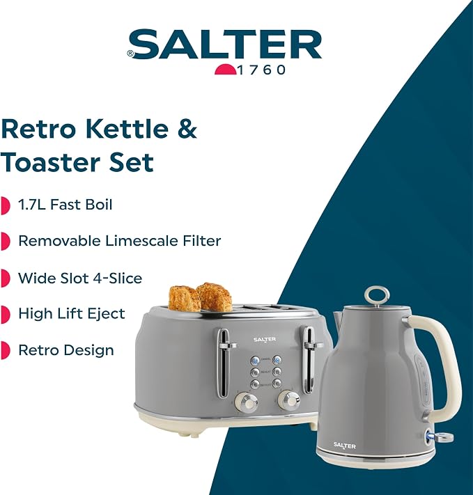 Salter Salter Retro Kettle & 4 Slice Toaster Kitchen Set (Grey)
