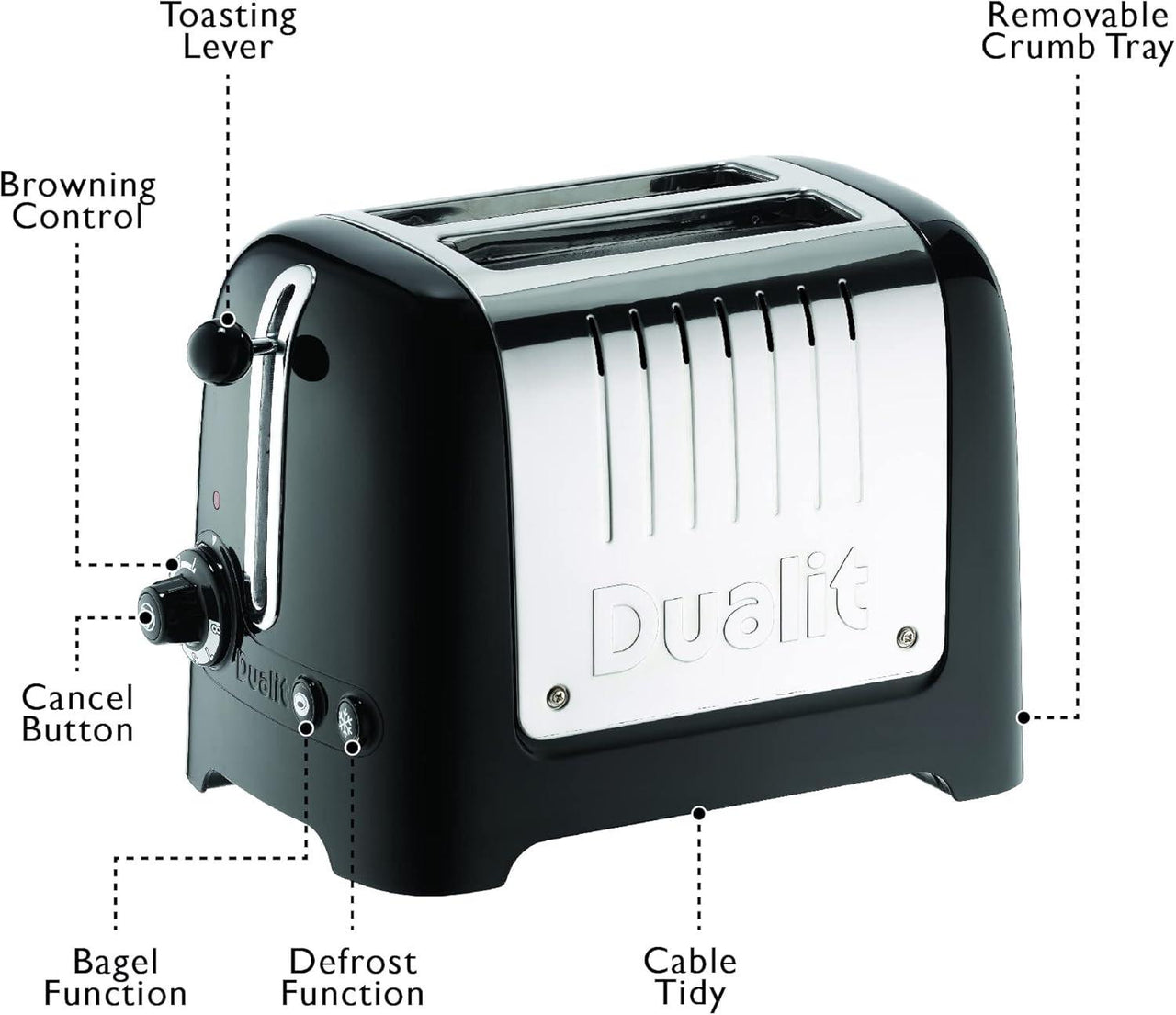 Black toaster with labeled controls: lever, browning dial, cancel button, and crumb tray