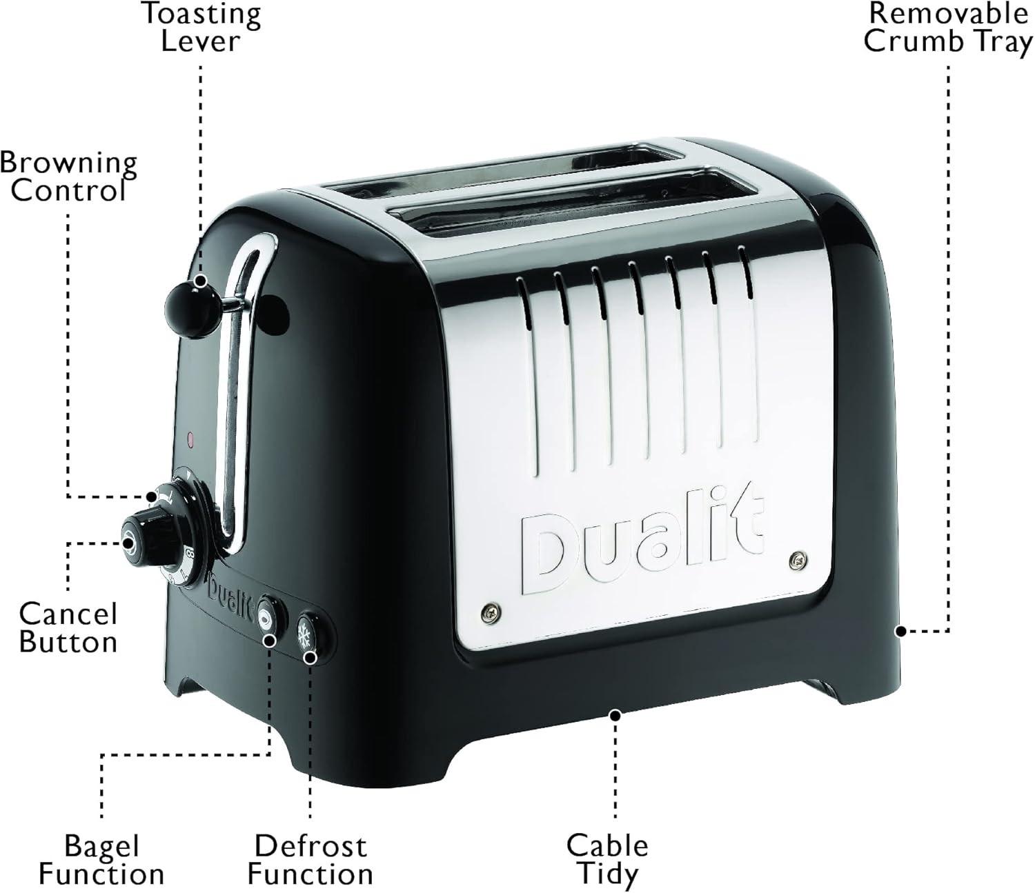 Black toaster with labeled controls: lever, browning dial, cancel button, and crumb tray