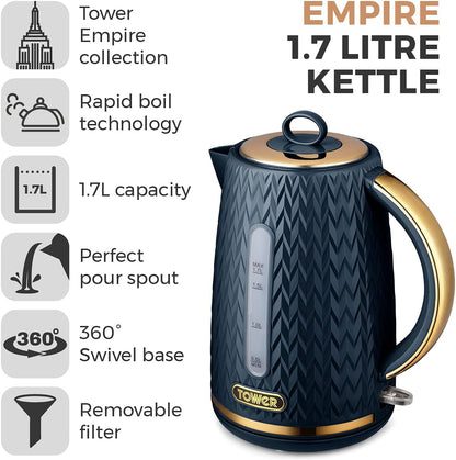 Tower Empire Kettle, 4 Slice Toaster, Canisters, Mug Tree & Towel Pole Kitchen Set (Midnight Blue)